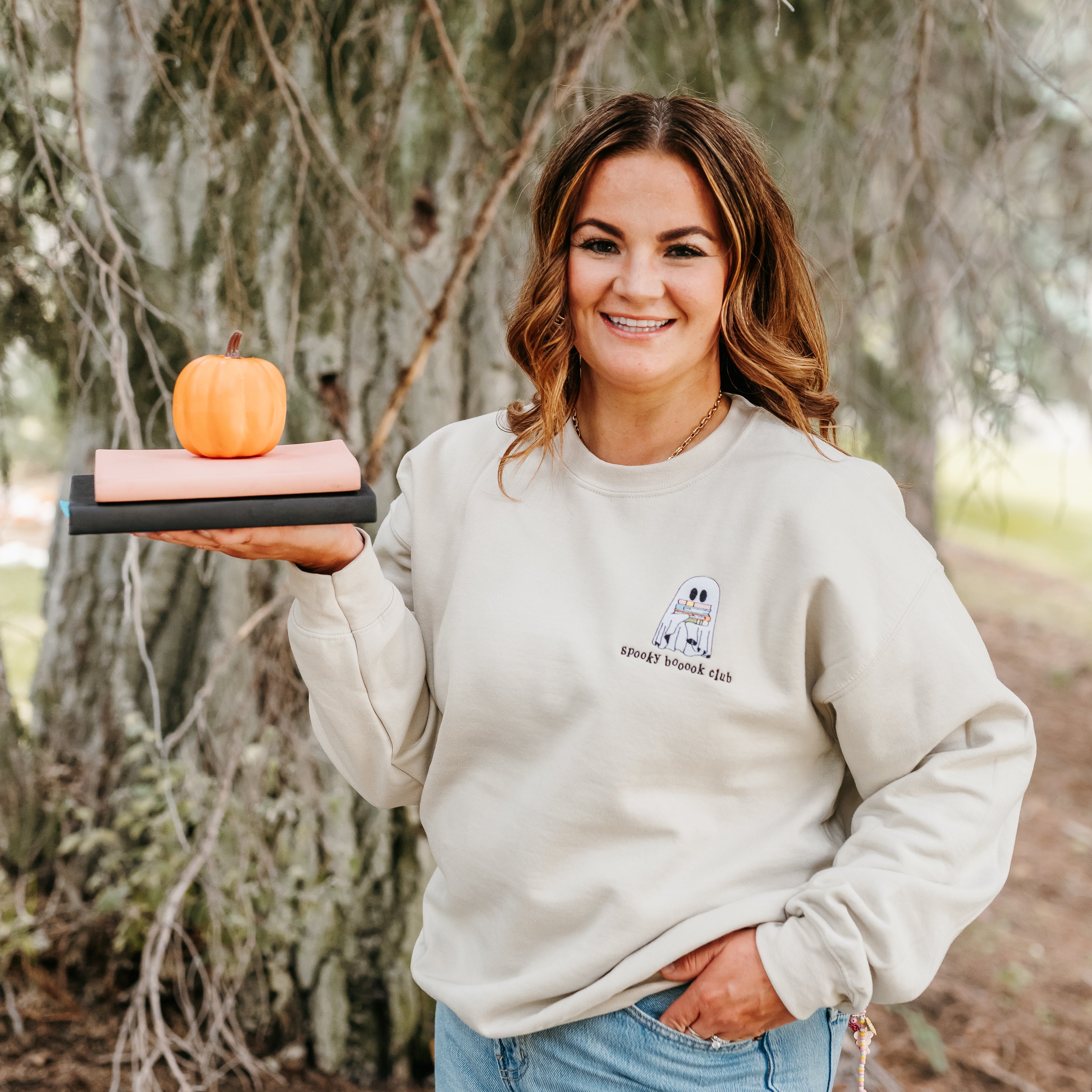 Embroidered Basic Fleece Crewneck - Spooky Booook Club Little Mama Shirt Shop LLC