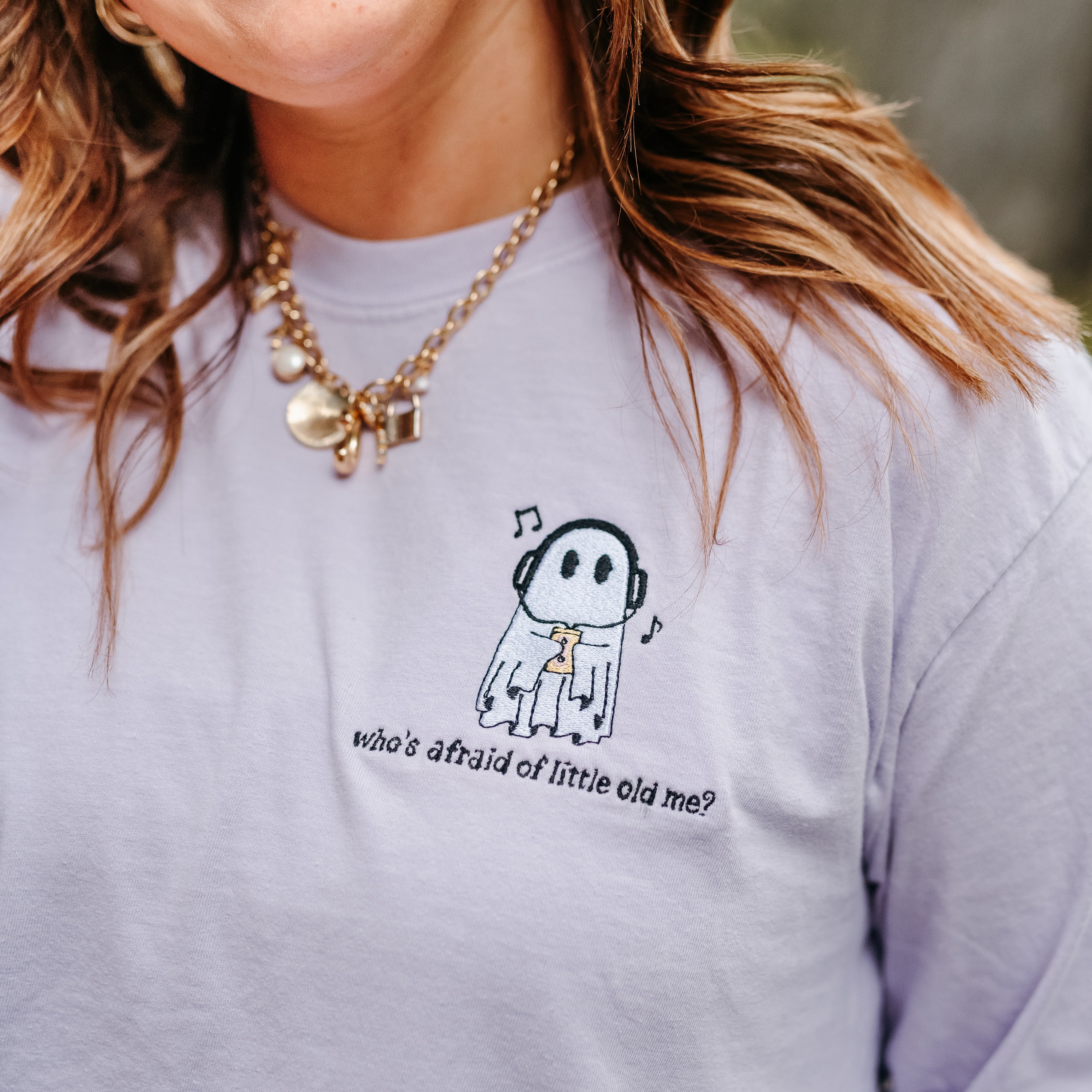 Embroidered Long Sleeve Comfort Colors Tee - Who's Afraid of Little Old Me? Little Mama Shirt Shop