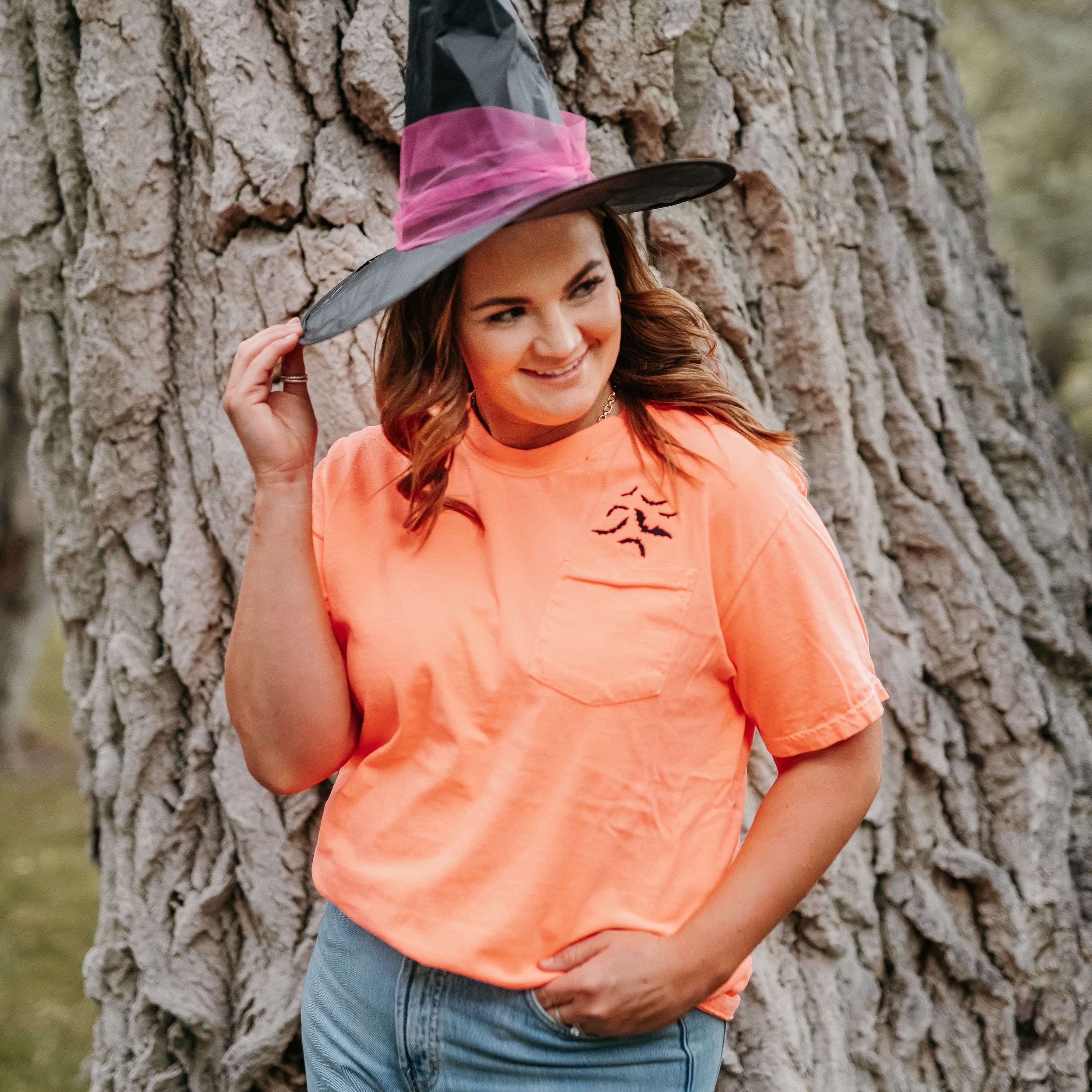 Embroidered Neon Orange Comfort Colors Pocket Tee - Pocket Bats (black thread) Little Mama Shirt Shop