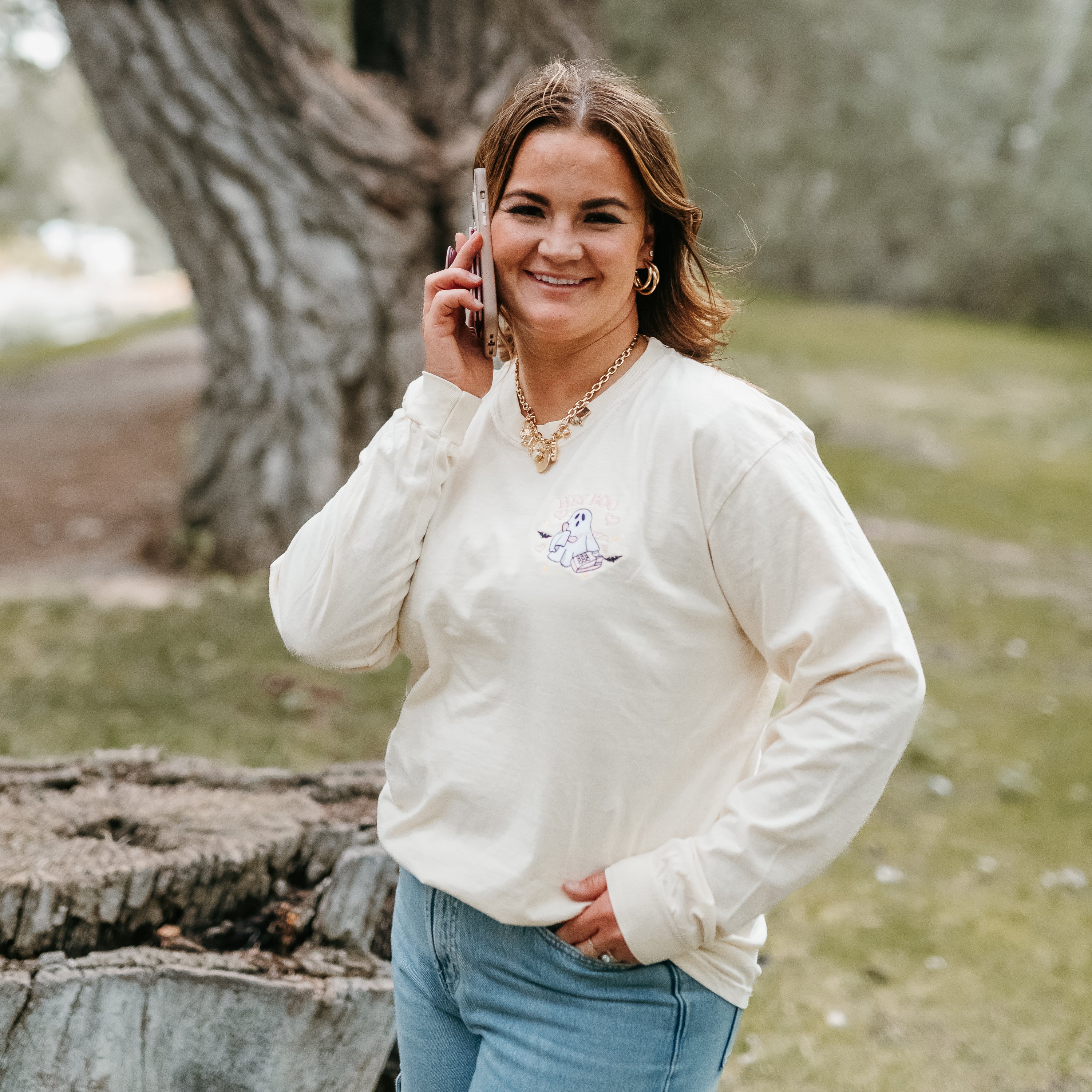 Embroidered Long Sleeve Comfort Colors Tee - Call Me? Ghost Little Mama Shirt Shop