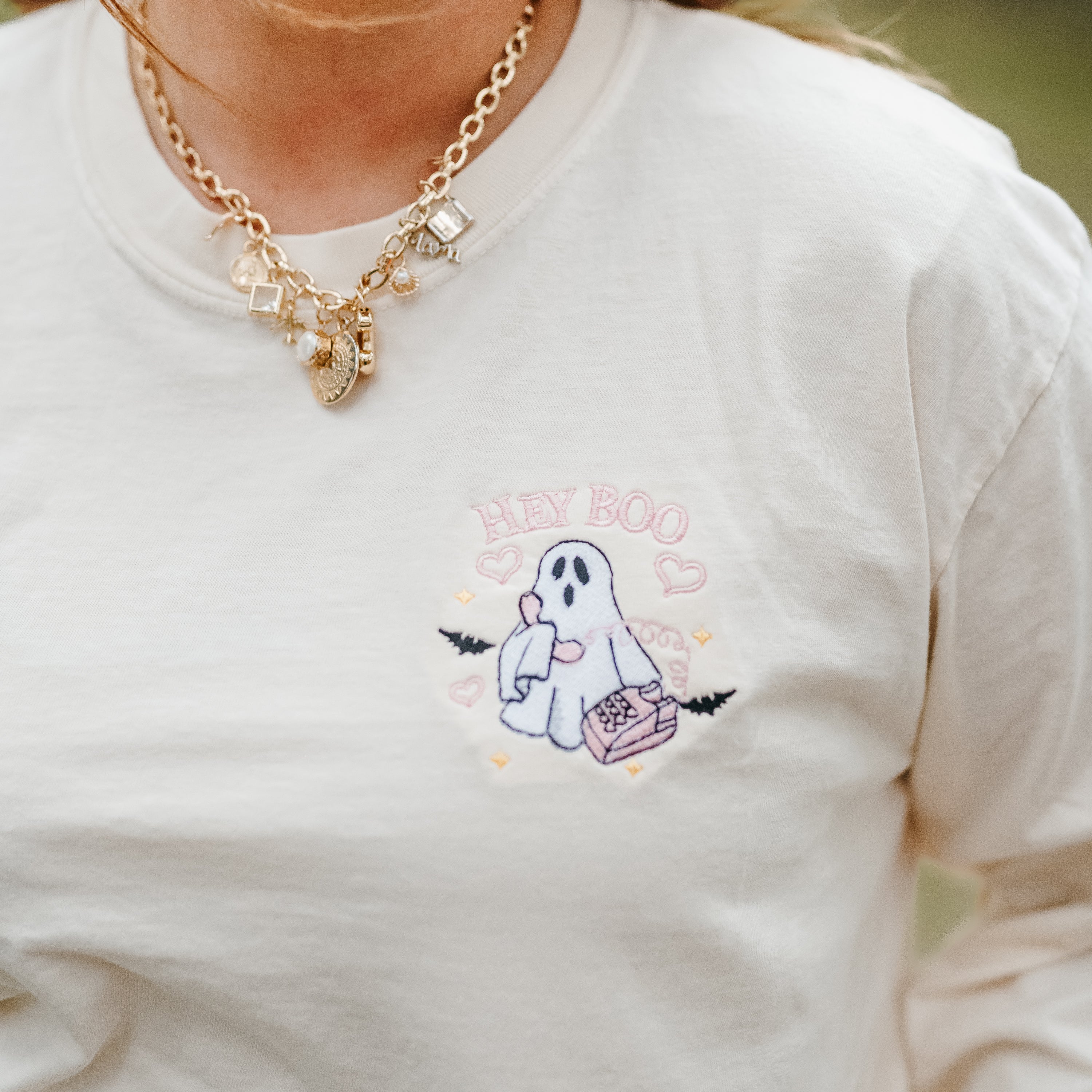 Embroidered Long Sleeve Comfort Colors Tee - Call Me? Ghost Little Mama Shirt Shop