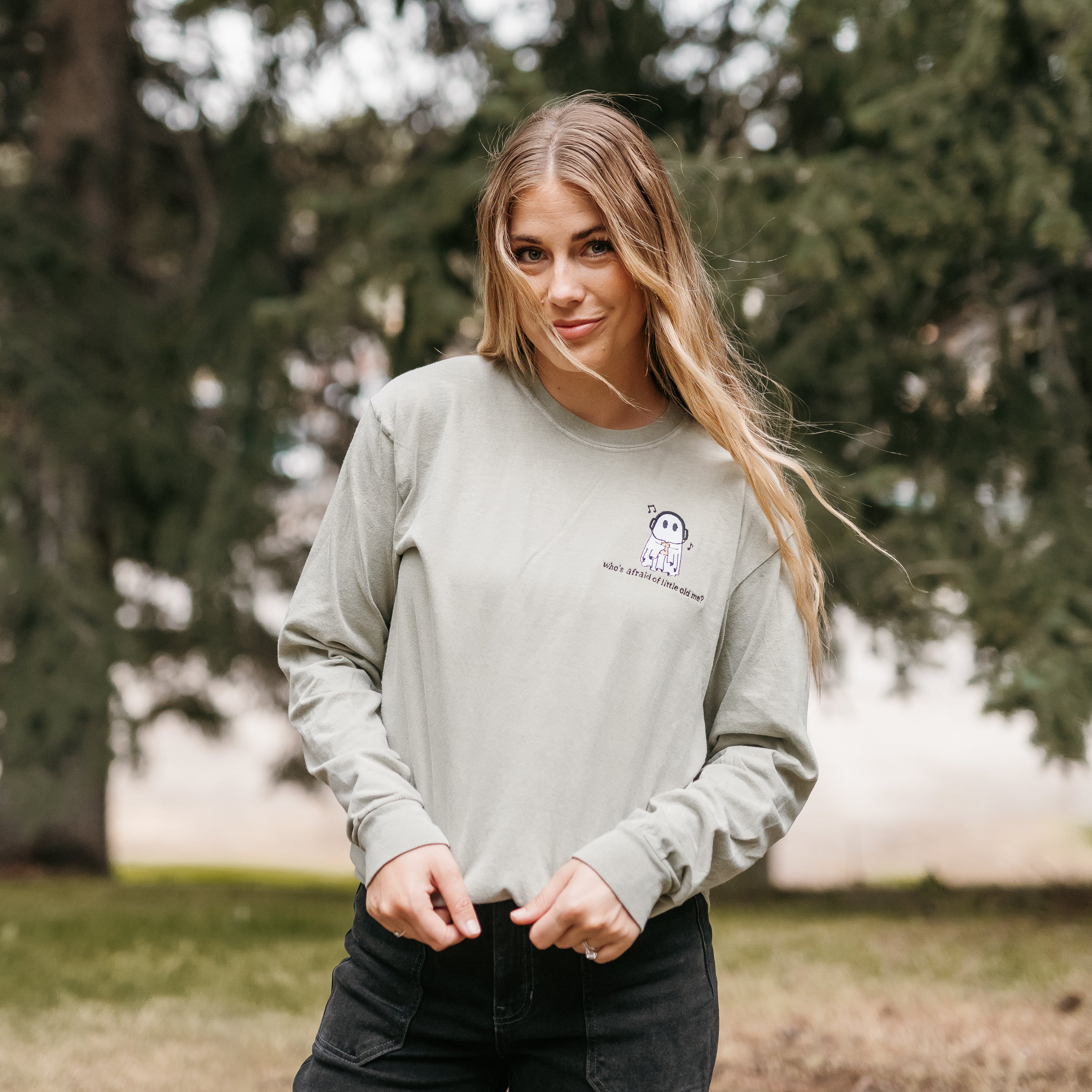 Embroidered Long Sleeve Comfort Colors Tee - Who's Afraid of Little Old Me? Little Mama Shirt Shop