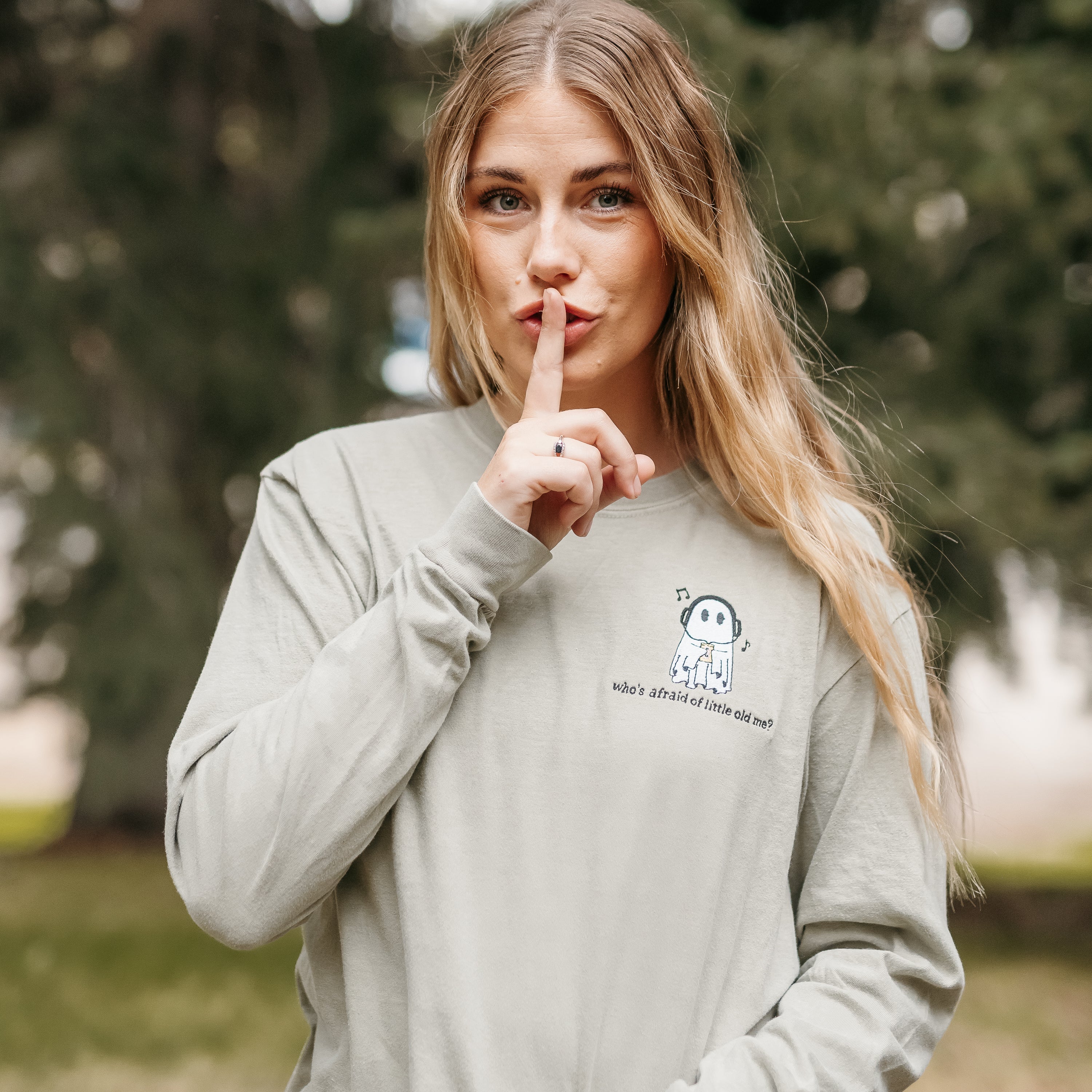 Embroidered Long Sleeve Comfort Colors Tee - Who's Afraid of Little Old Me? Little Mama Shirt Shop