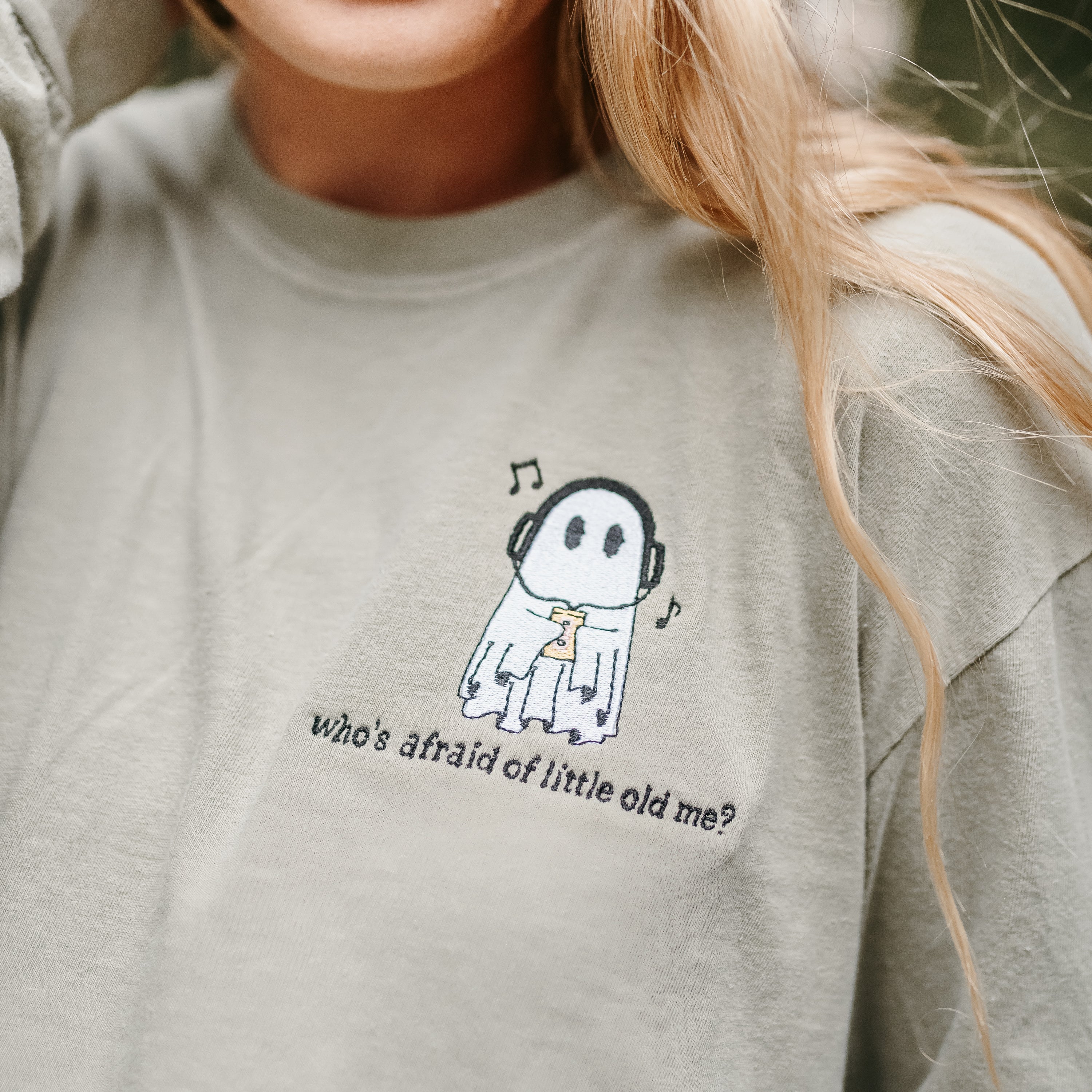 Embroidered Long Sleeve Comfort Colors Tee - Who's Afraid of Little Old Me? Little Mama Shirt Shop