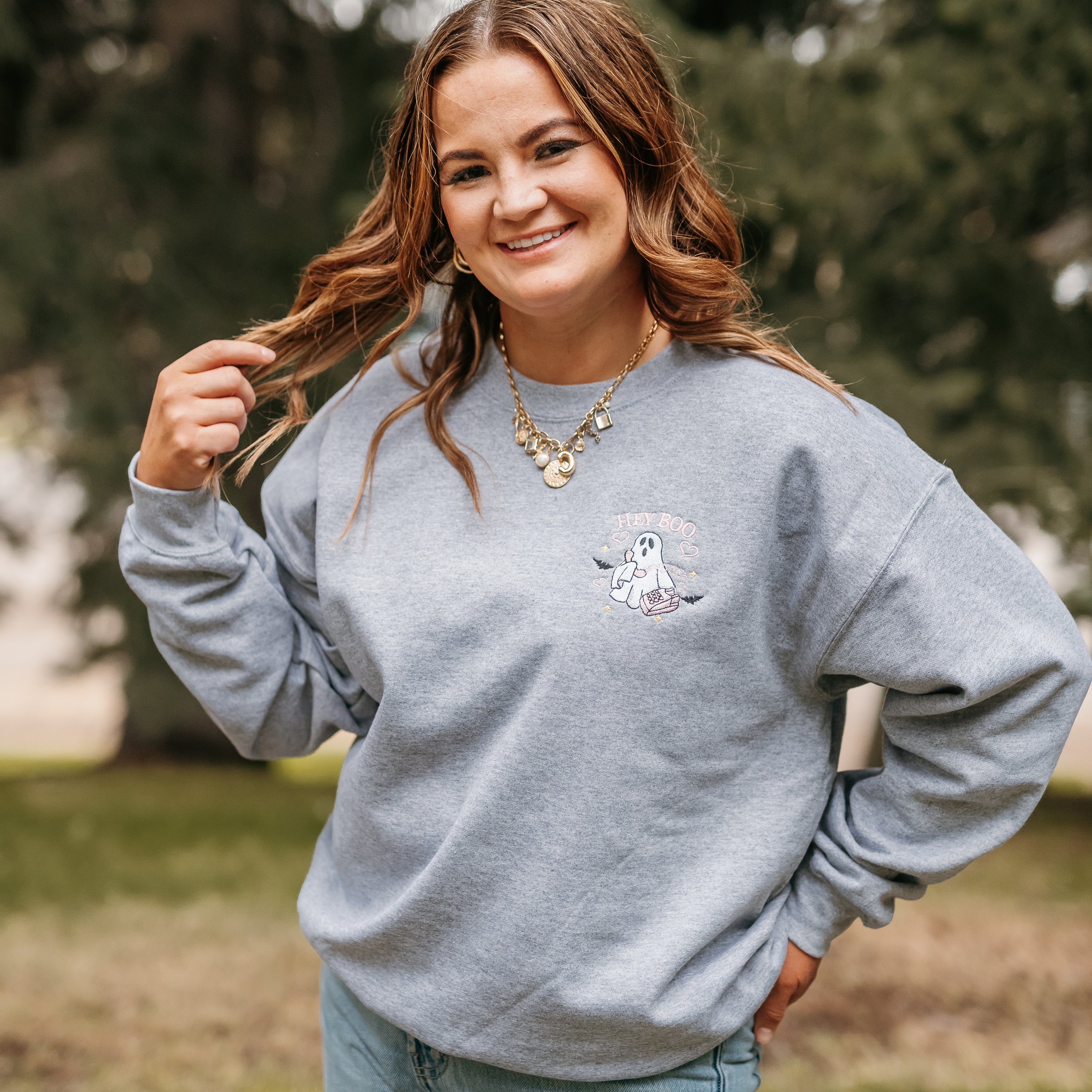 Embroidered Basic Fleece Crewneck - Call Me? Ghost Little Mama Shirt Shop LLC