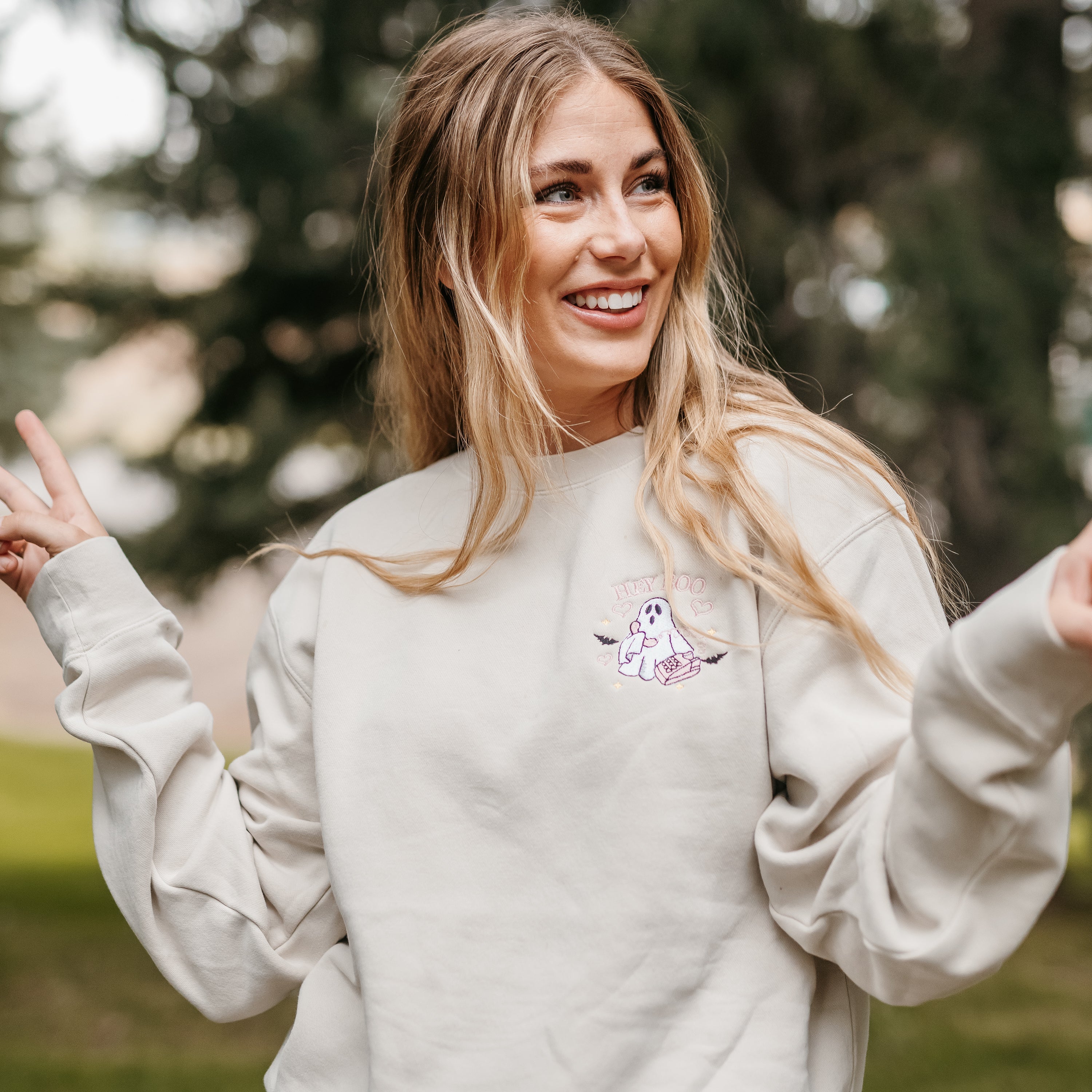 Embroidered PIGMENT Crewneck - Call Me? Ghost Little Mama Shirt Shop LLC