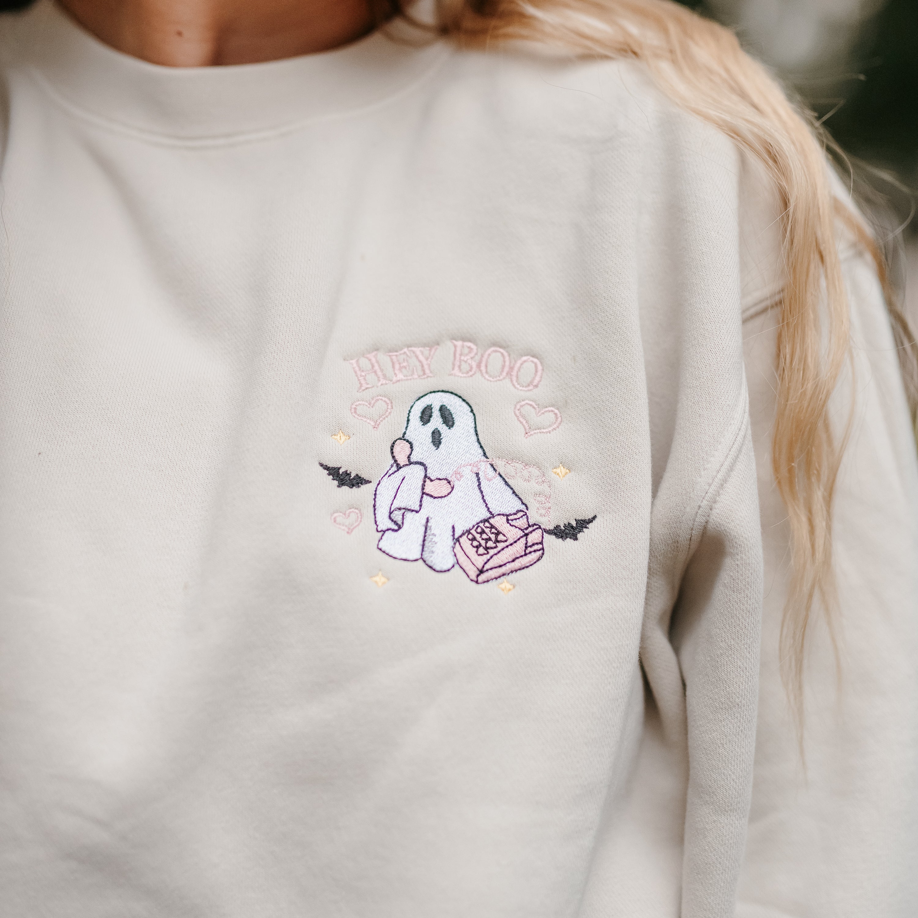 Embroidered PIGMENT Crewneck - Call Me? Ghost Little Mama Shirt Shop LLC