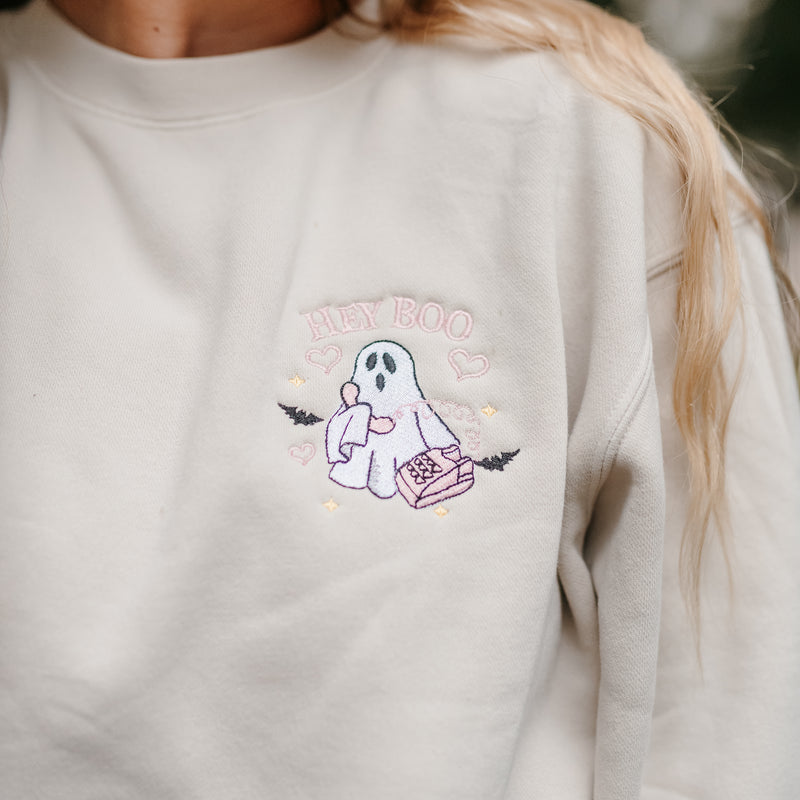 Embroidered Pigment Crewneck Sweatshirt - Call Me? Ghost