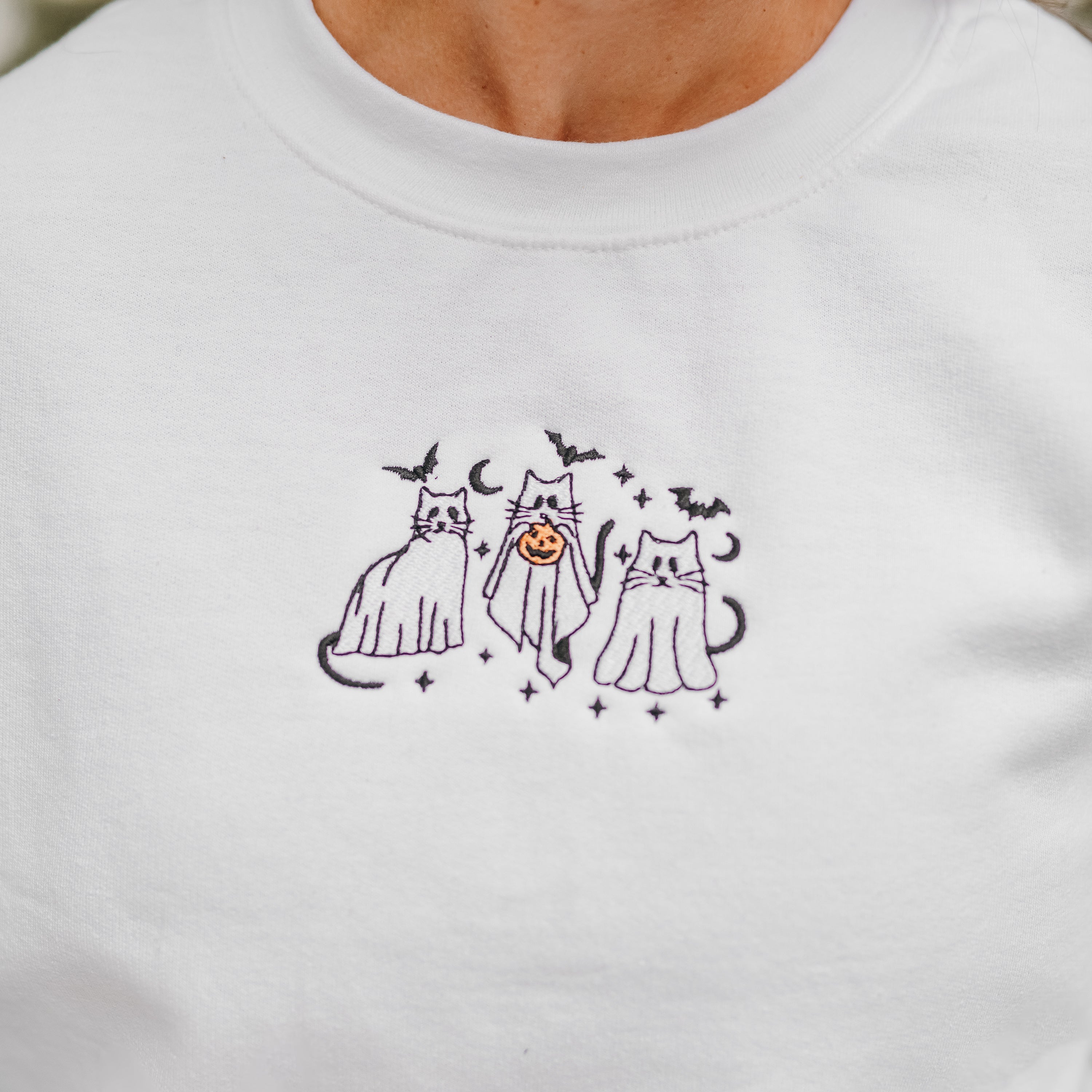 Embroidered Basic Fleece Crewneck - Ghost Cats on the Prowl Little Mama Shirt Shop LLC