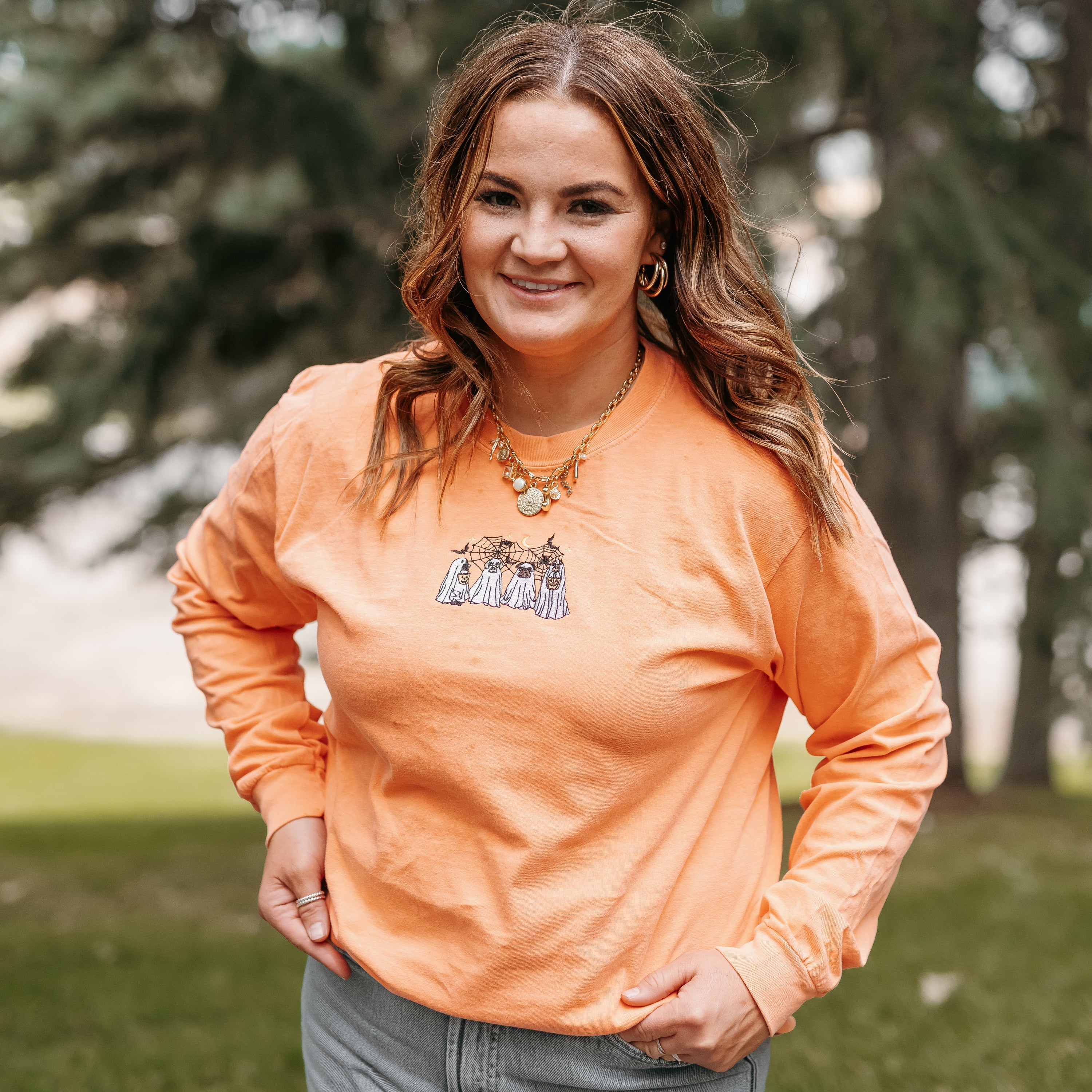 Embroidered Long Sleeve Comfort Colors Tee - Trick or Treat Pups Little Mama Shirt Shop