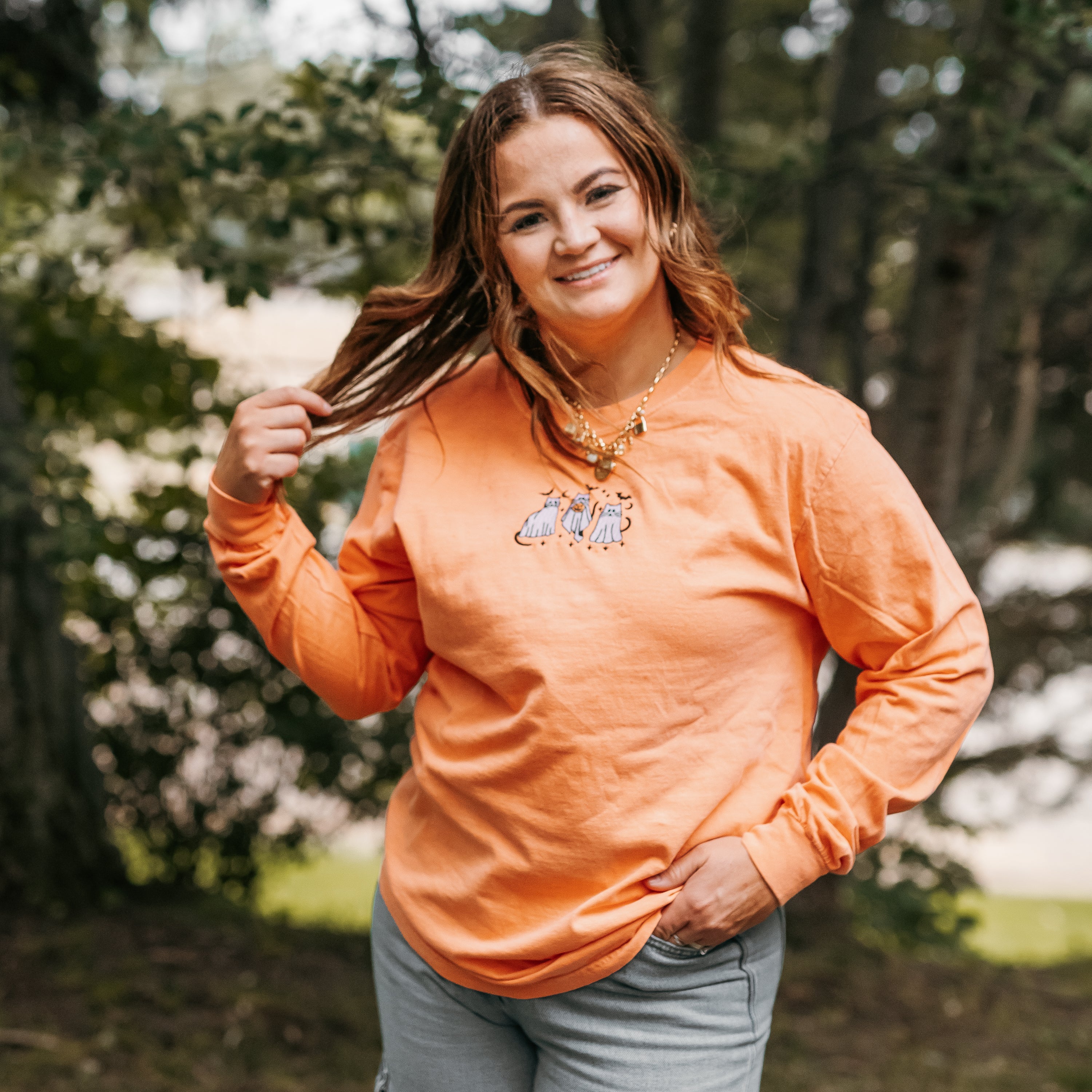Embroidered Long Sleeve Comfort Colors Tee - Ghost Cats on the Prowl Little Mama Shirt Shop