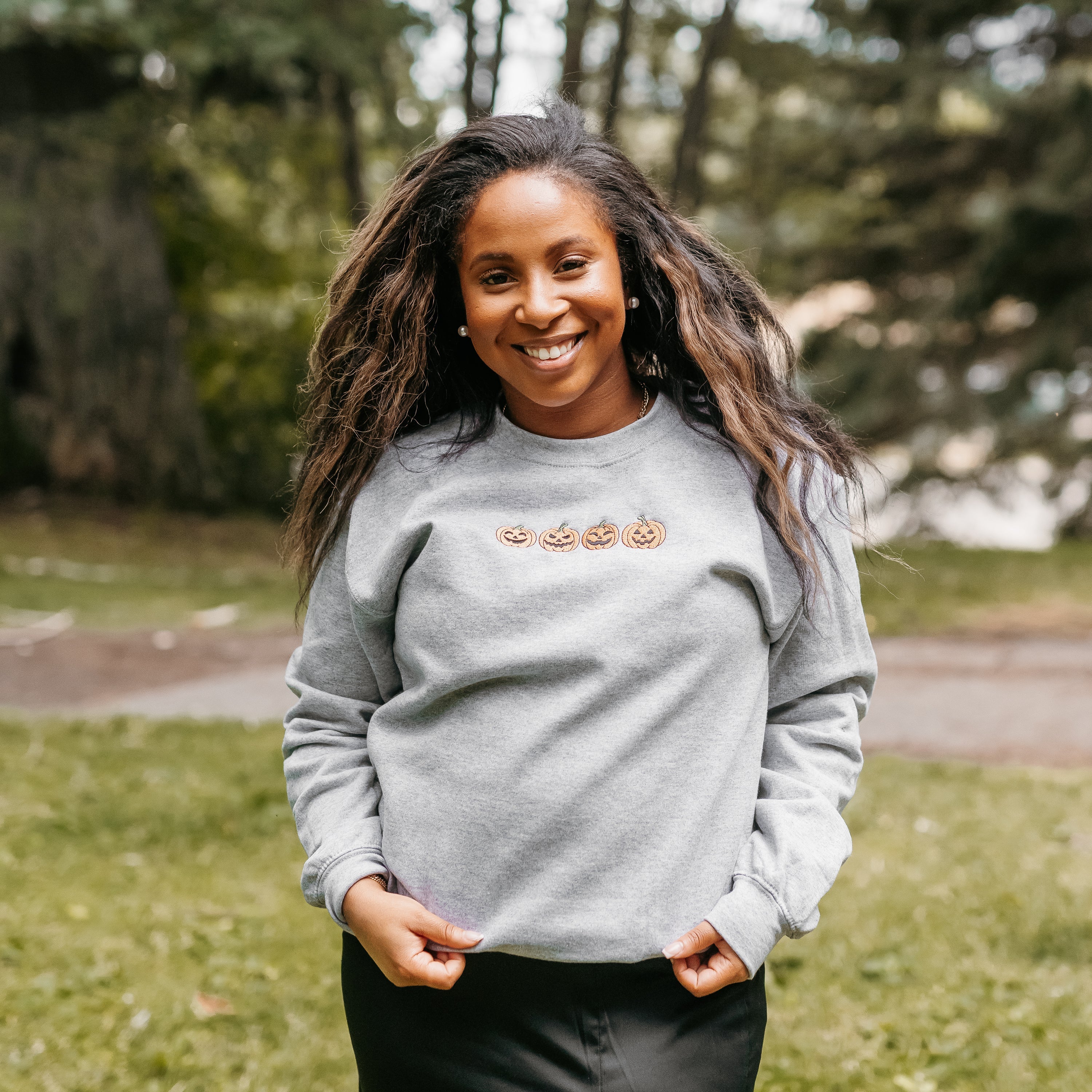 Embroidered Basic Fleece Crewneck - Jack-o-Lanterns in a Row Little Mama Shirt Shop LLC