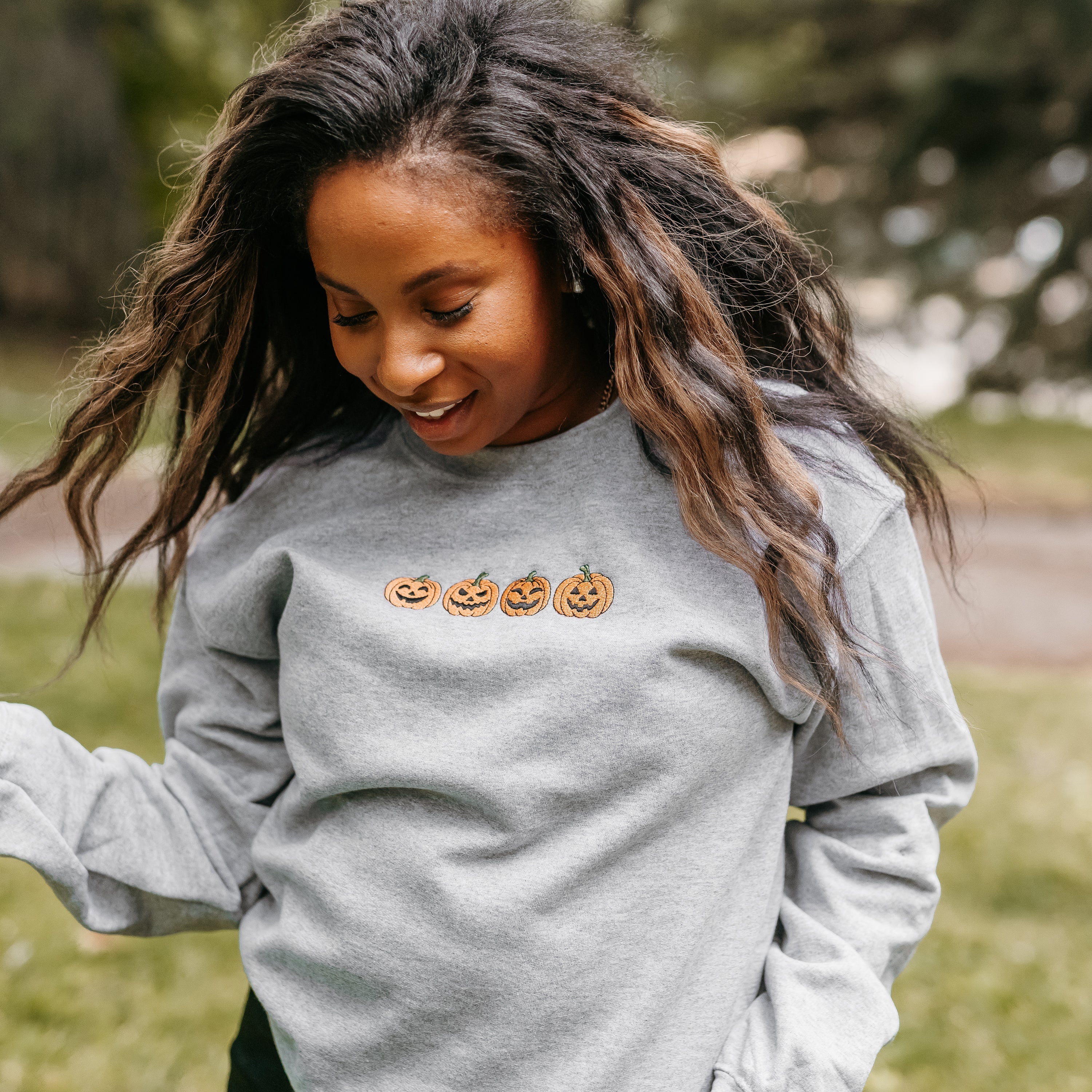 Embroidered Basic Fleece Crewneck - Jack-o-Lanterns in a Row Little Mama Shirt Shop LLC