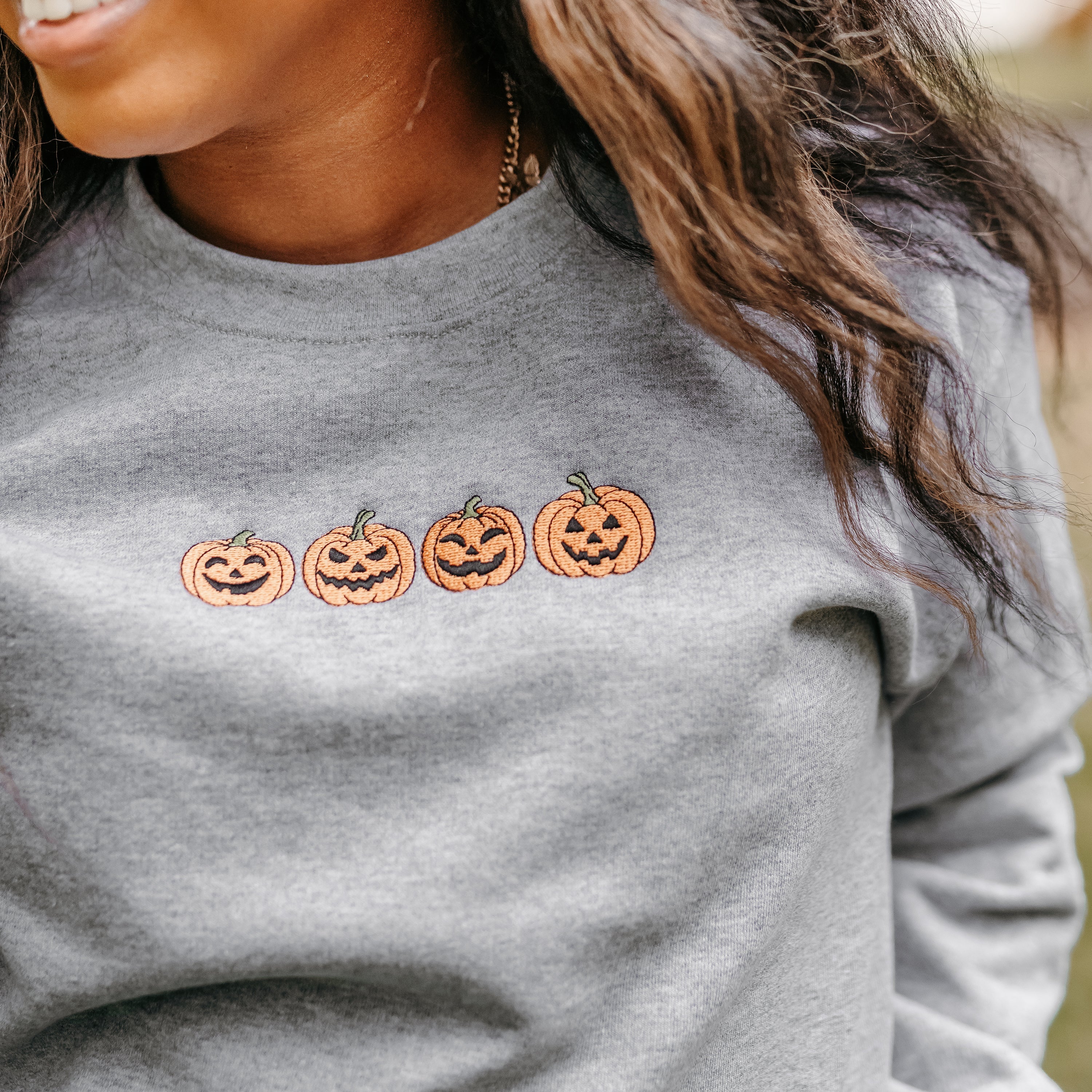 Embroidered Basic Fleece Crewneck - Jack-o-Lanterns in a Row Little Mama Shirt Shop LLC