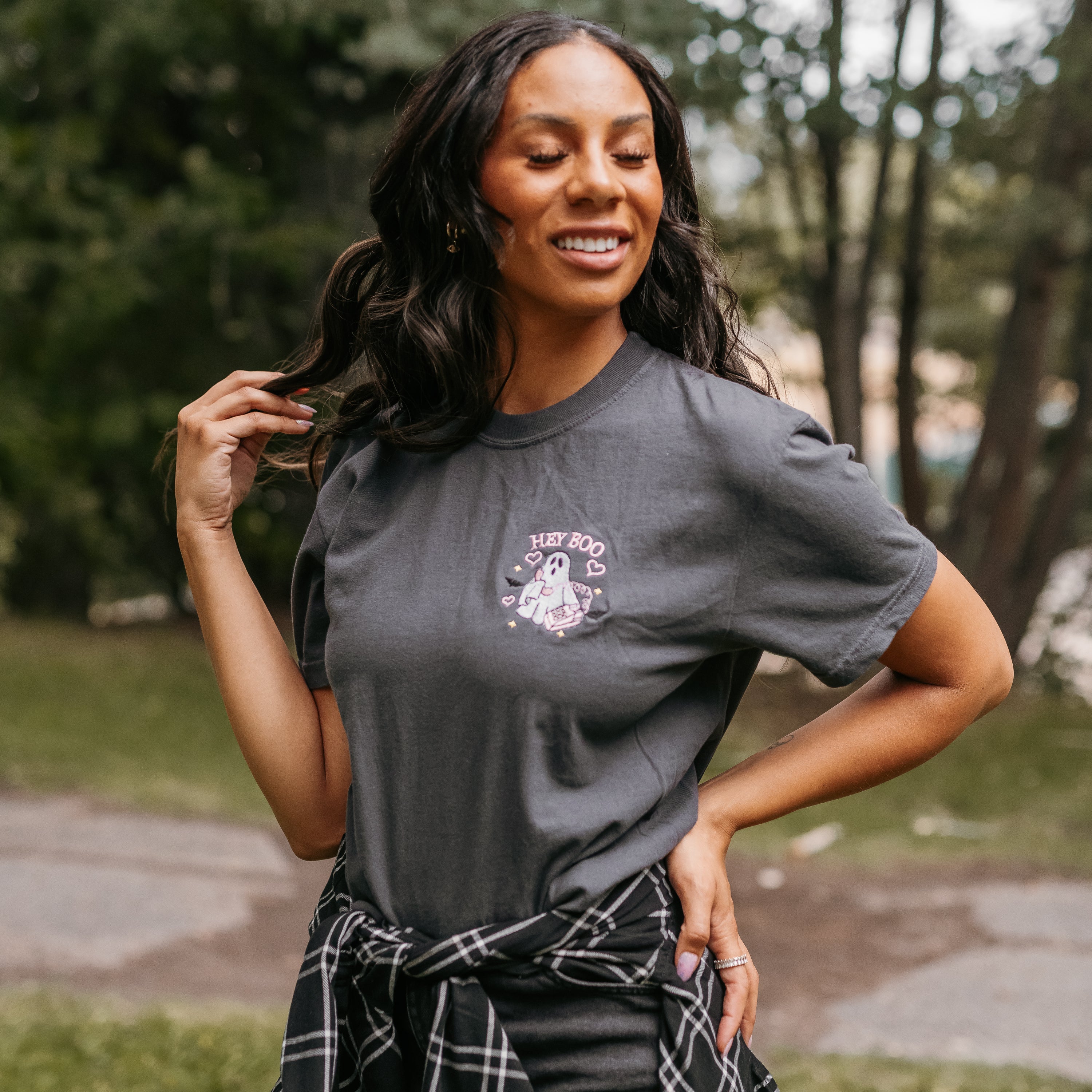 Embroidered Short Sleeve Comfort Colors Tee - Call Me? Ghost Little Mama Shirt Shop
