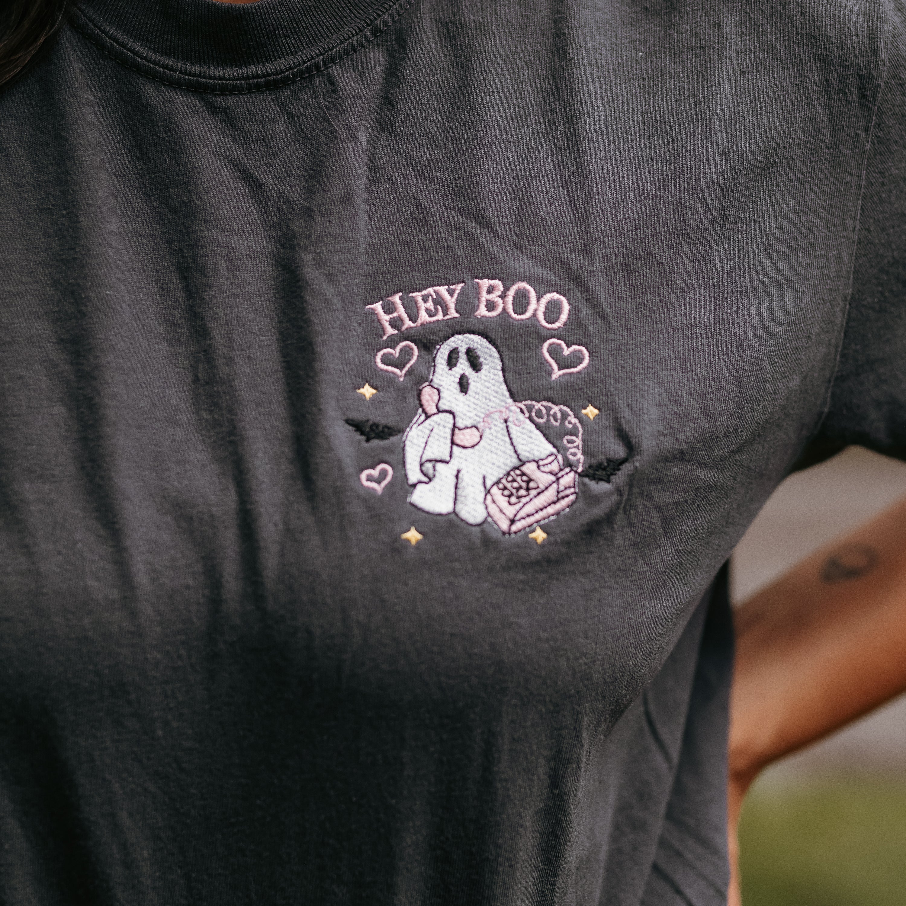 Embroidered Short Sleeve Comfort Colors Tee - Call Me? Ghost Little Mama Shirt Shop