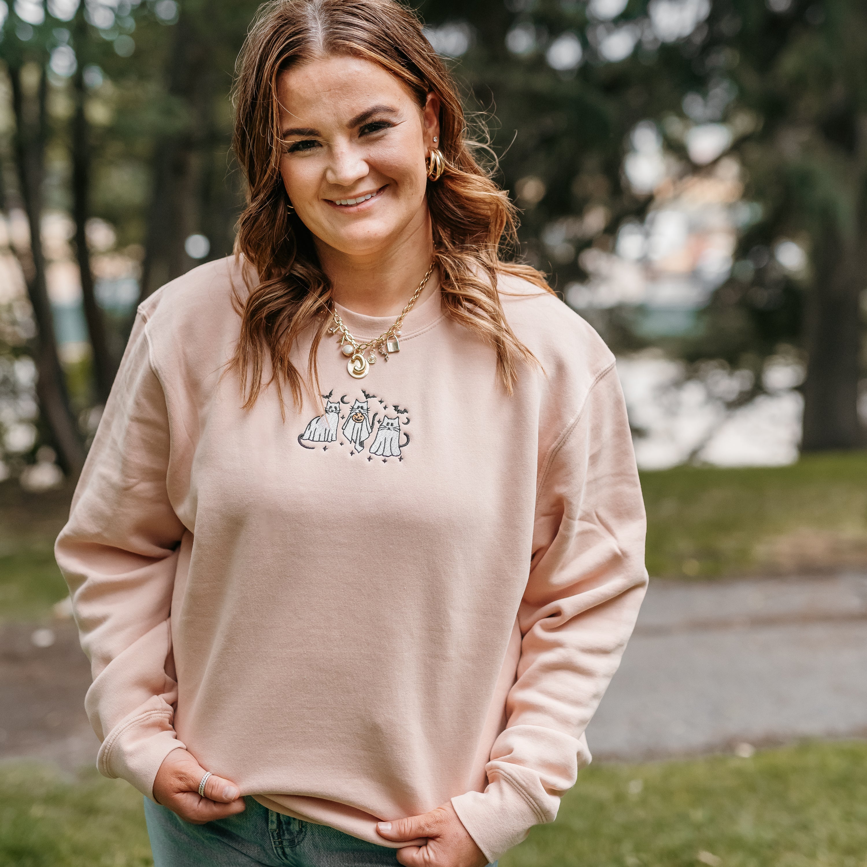 Embroidered PIGMENT Crewneck - Ghost Cats on the Prowl Little Mama Shirt Shop LLC