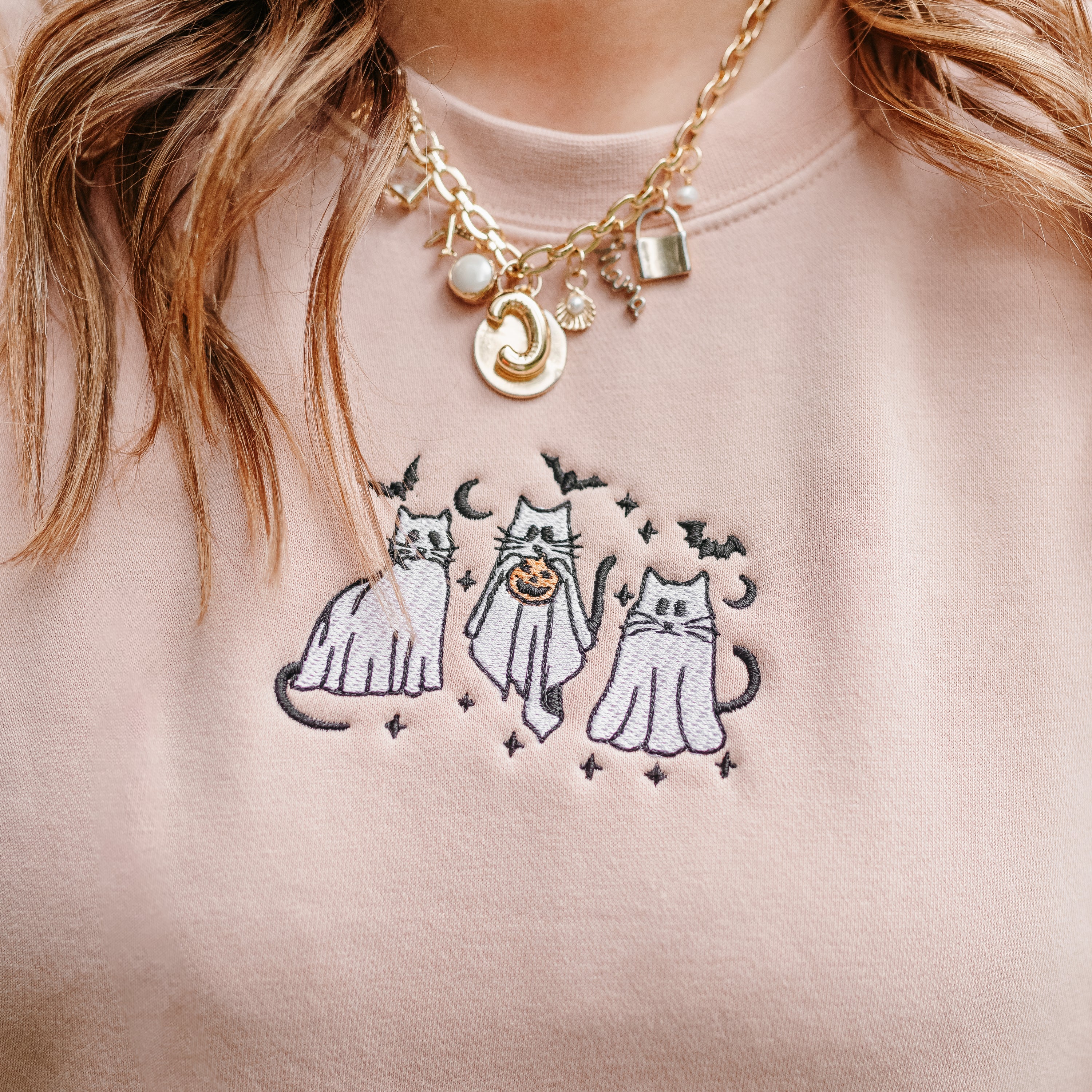 Embroidered PIGMENT Crewneck - Ghost Cats on the Prowl Little Mama Shirt Shop LLC