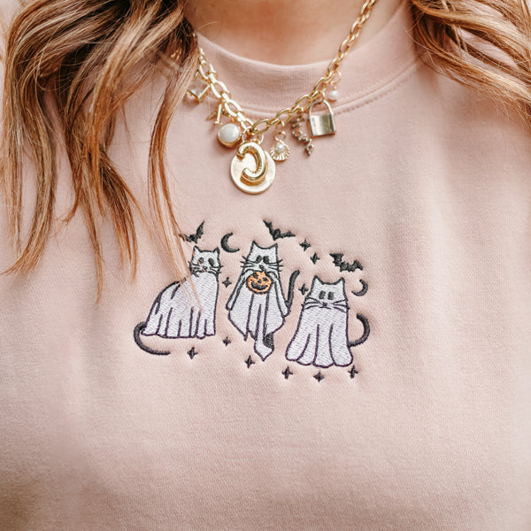 Embroidered Pigment Crewneck Sweatshirt - Ghost Cats on the Prowl