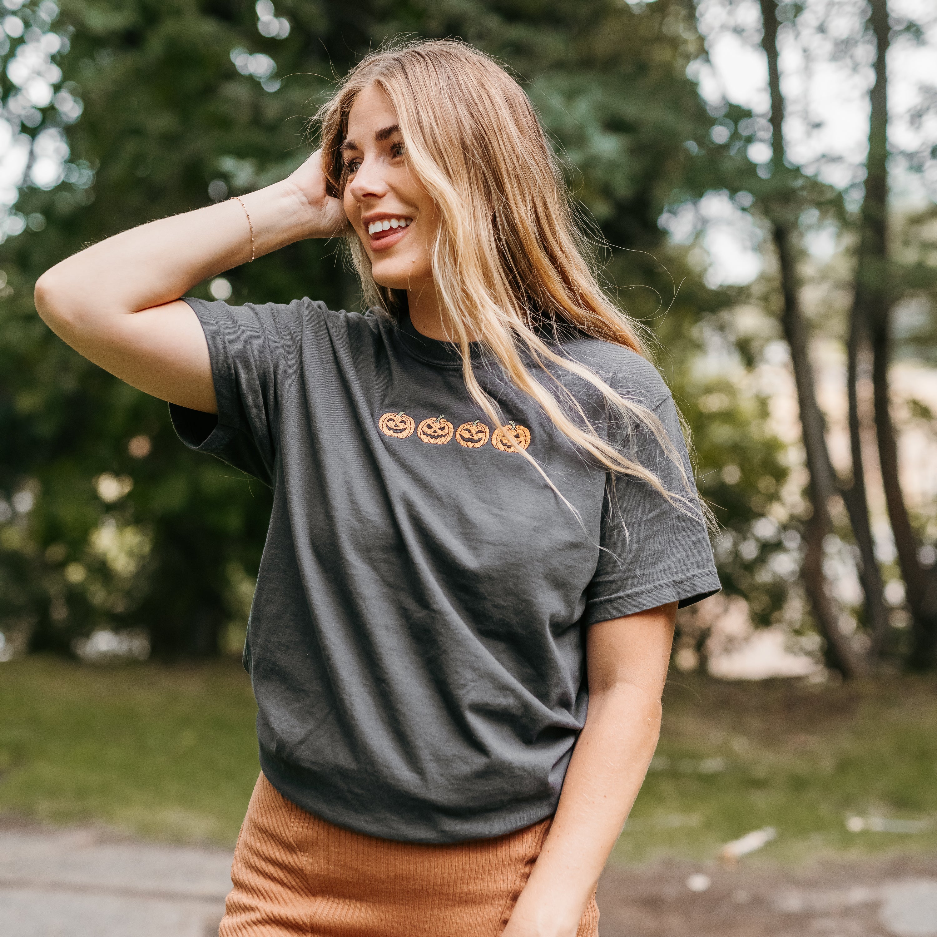 Embroidered Short Sleeve Comfort Colors Tee - Jack-o-Lanterns in a Row Little Mama Shirt Shop