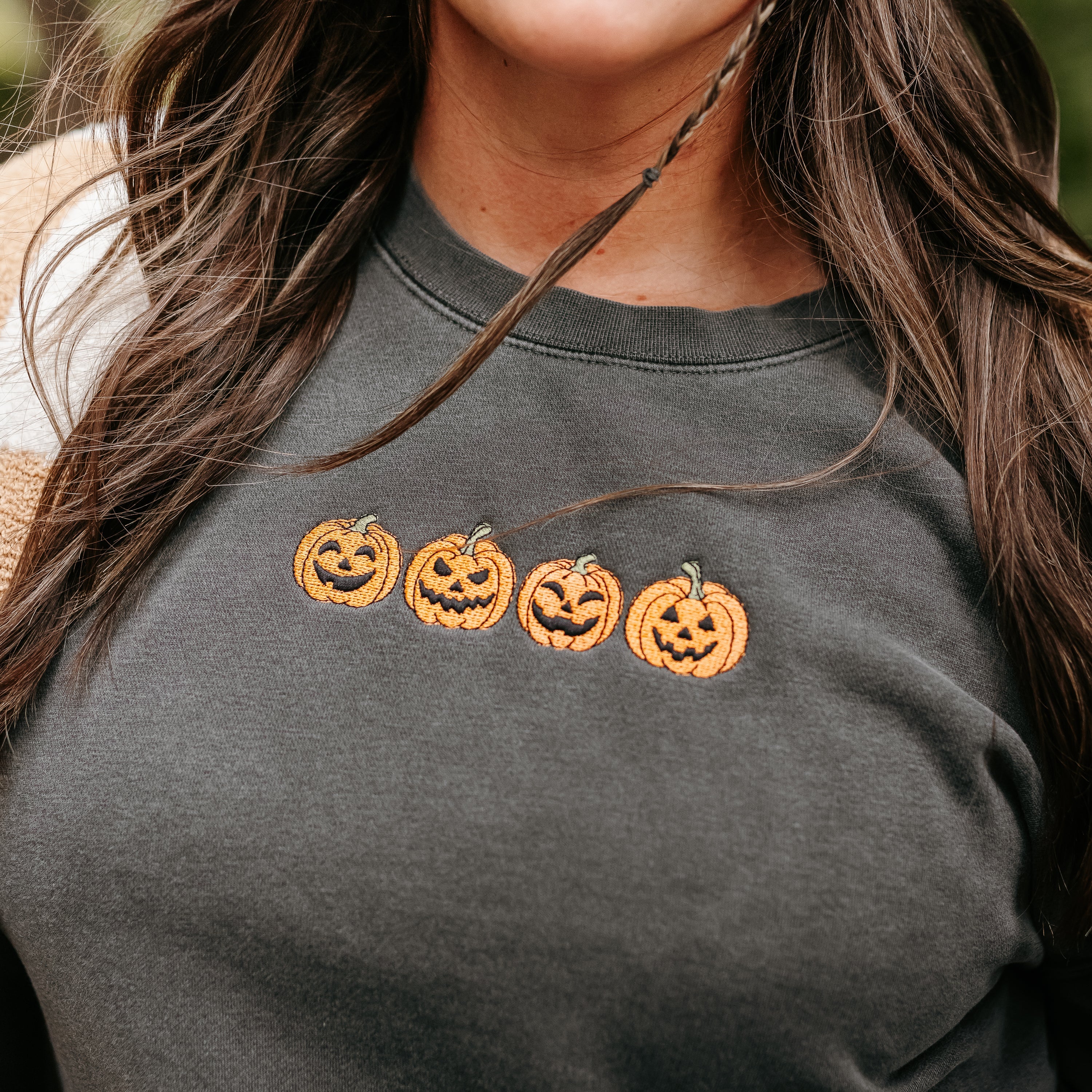 Embroidered PIGMENT Crewneck - Jack-o-Lanterns in a Row Little Mama Shirt Shop LLC