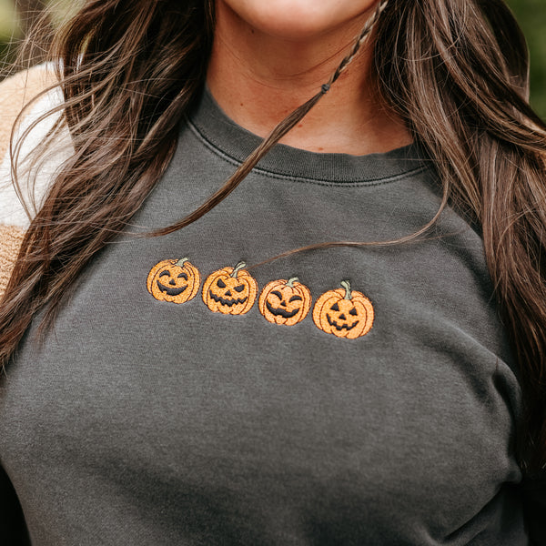 Embroidered Pigment Crewneck Sweatshirt - Jack-o-Lanterns in a Row