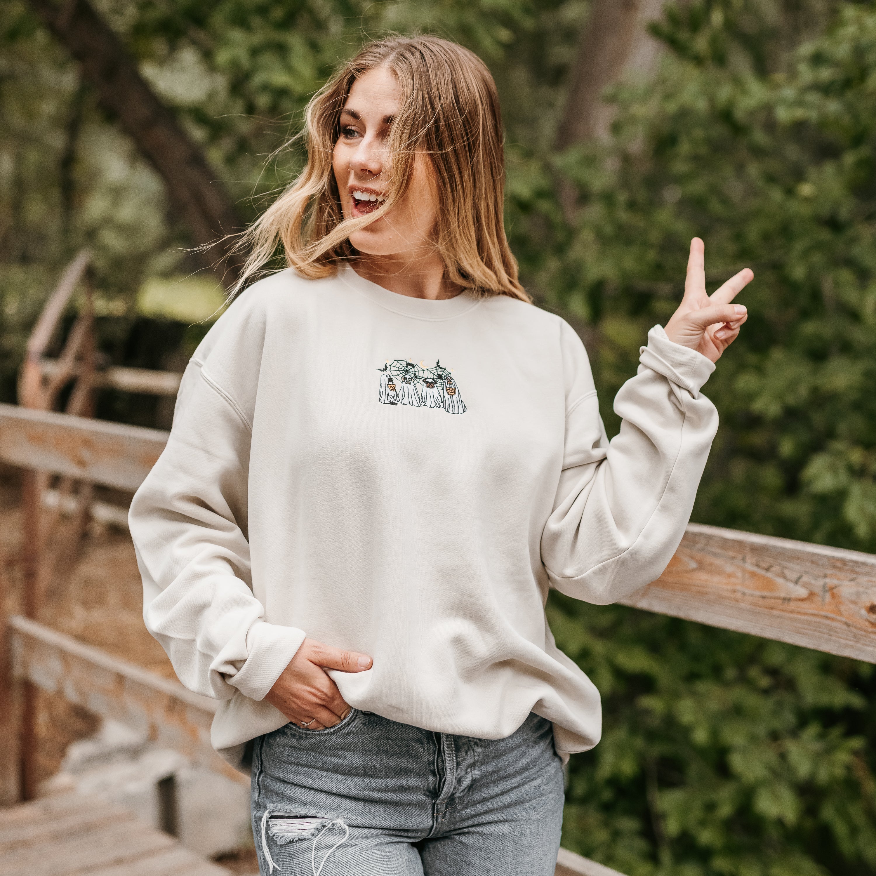 Embroidered PIGMENT Crewneck - Trick or Treat Pups Little Mama Shirt Shop LLC