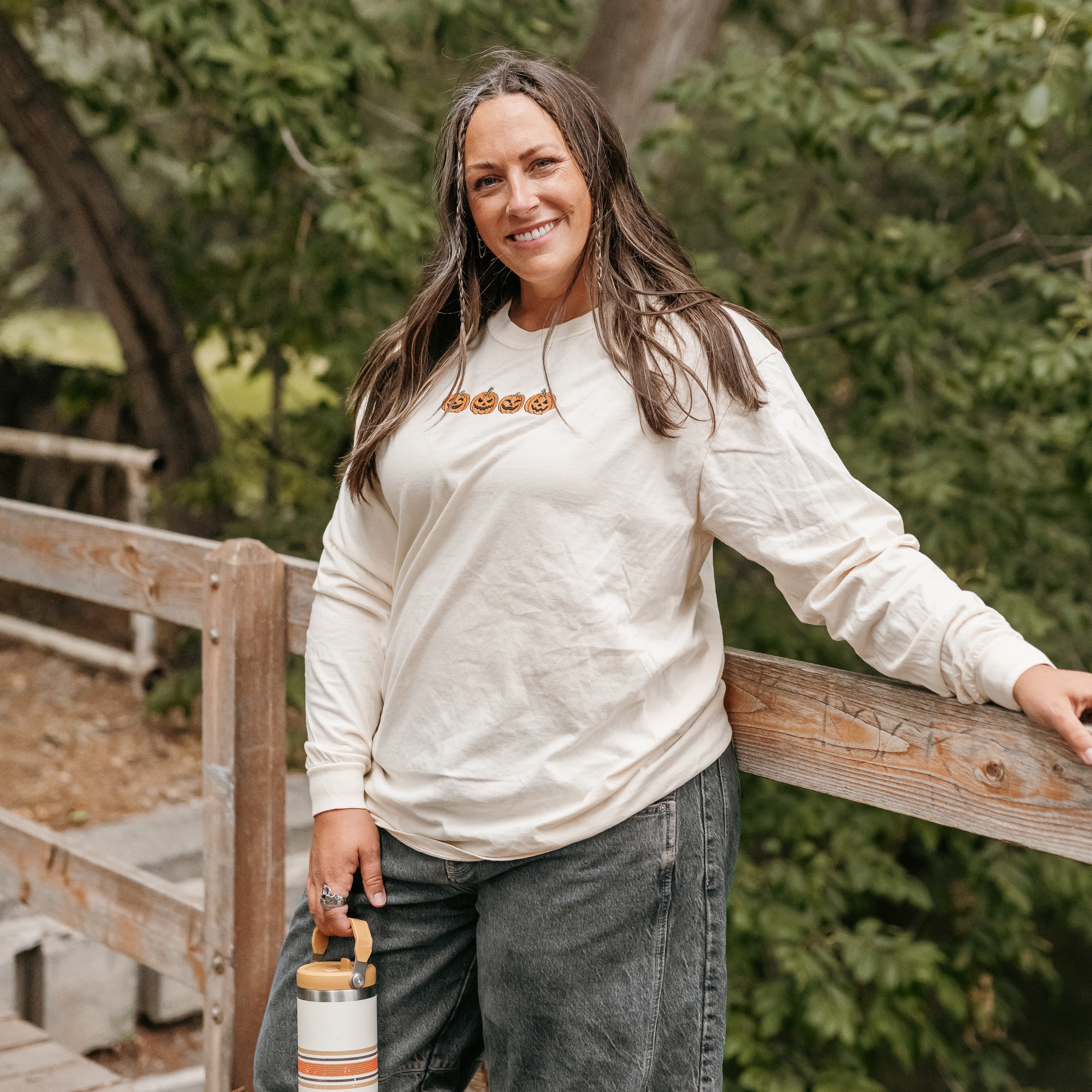 Embroidered Long Sleeve Comfort Colors Tee - Jack-o-Lanterns in a Row Little Mama Shirt Shop