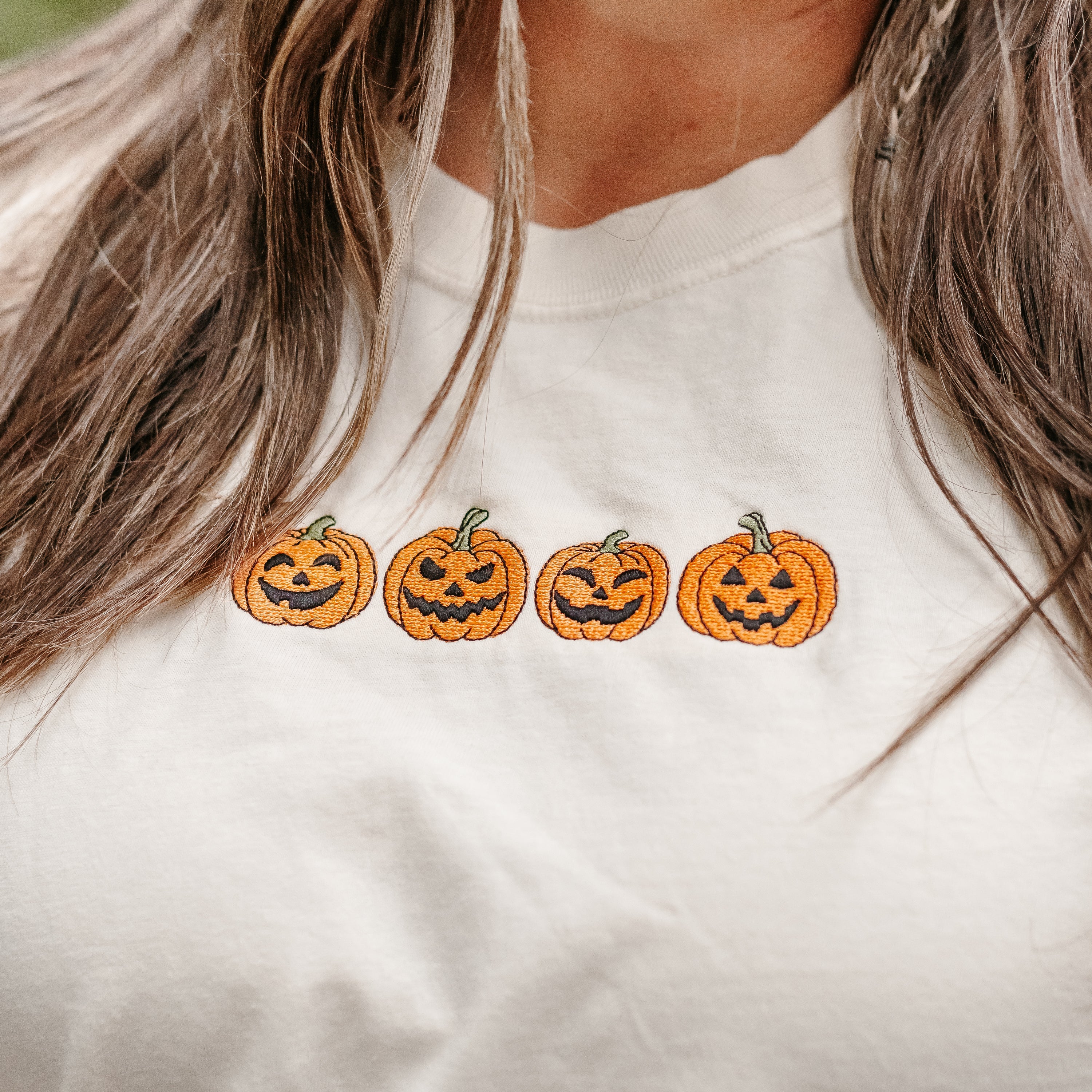 Embroidered Long Sleeve Comfort Colors Tee - Jack-o-Lanterns in a Row Little Mama Shirt Shop