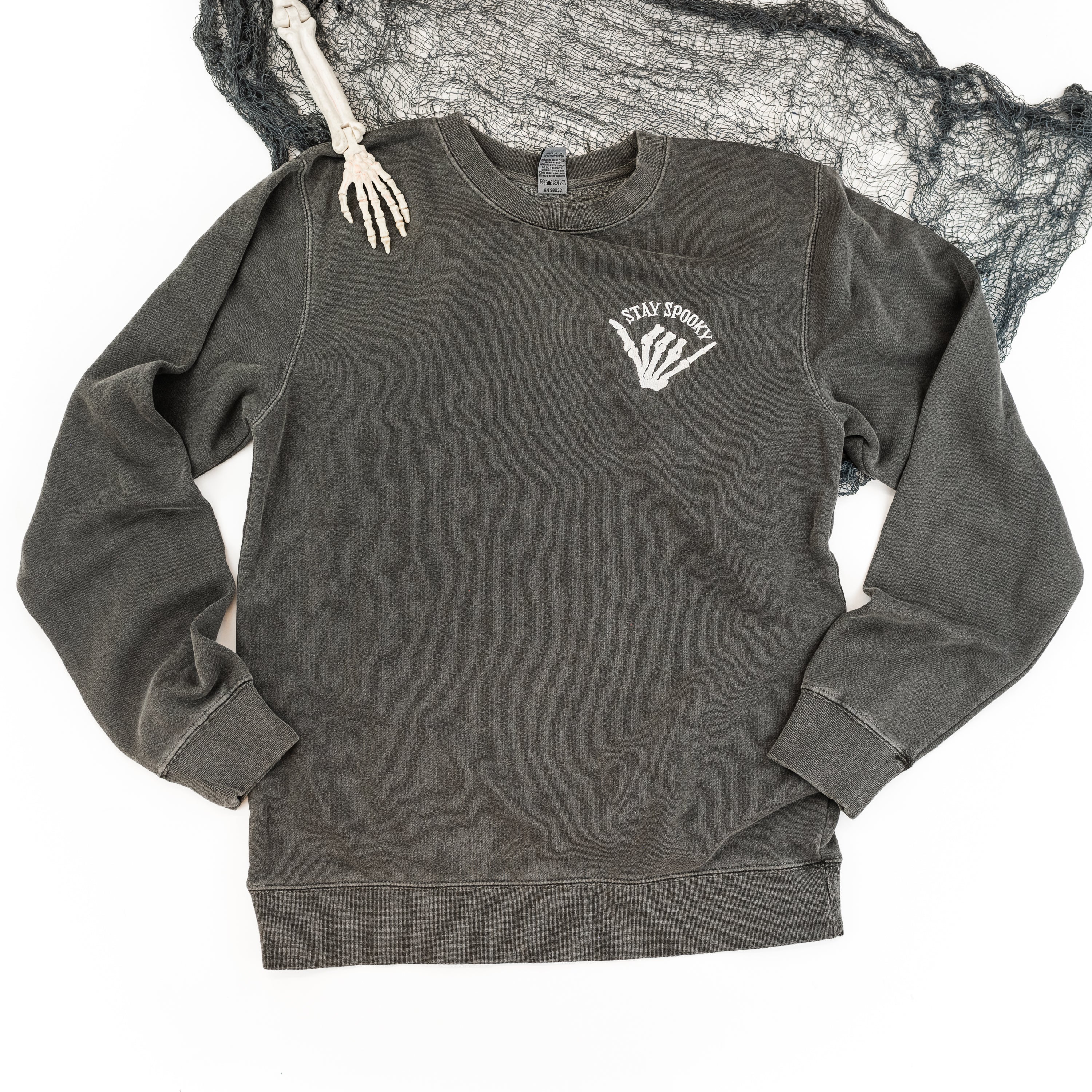Embroidered PIGMENT Crewneck - Stay Spooky Skelly Hand Little Mama Shirt Shop LLC