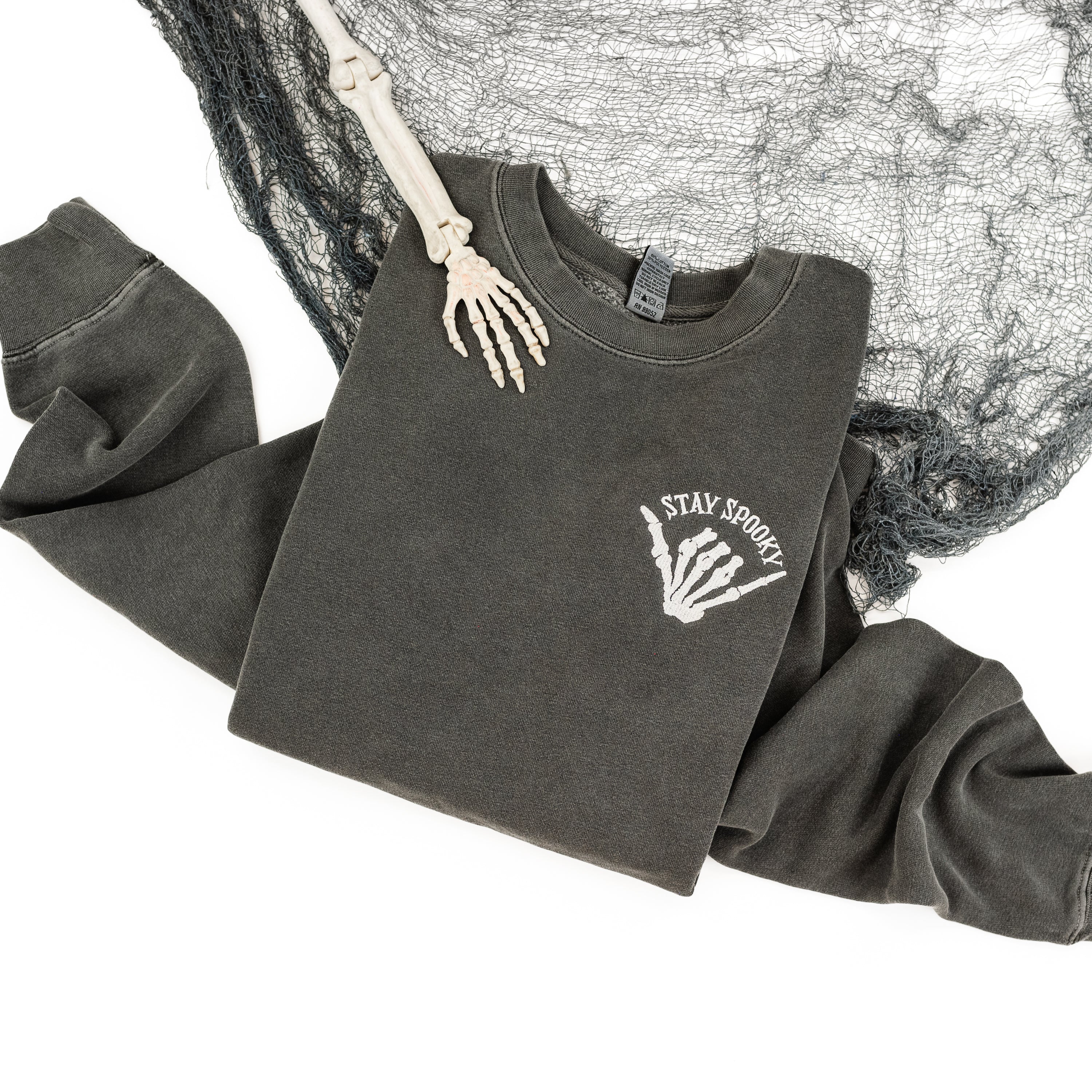 Embroidered PIGMENT Crewneck - Stay Spooky Skelly Hand Little Mama Shirt Shop LLC