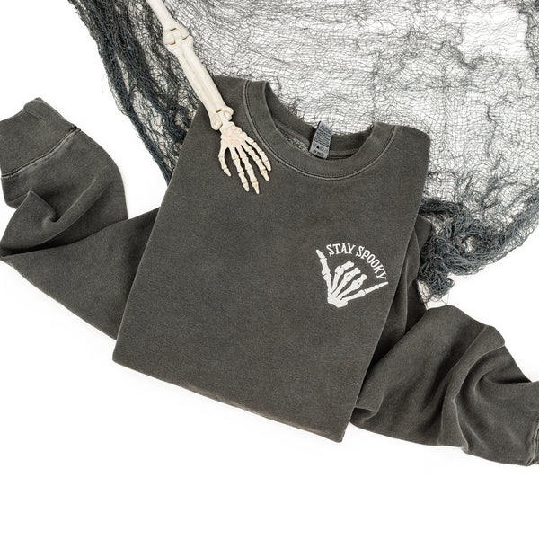 Embroidered Pigment Crewneck Sweatshirt - Stay Spooky Skelly Hand