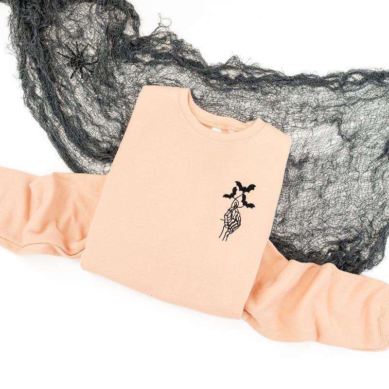 Embroidered Super Soft Fleece Crewneck - Skelly Hand Bat Bouquet