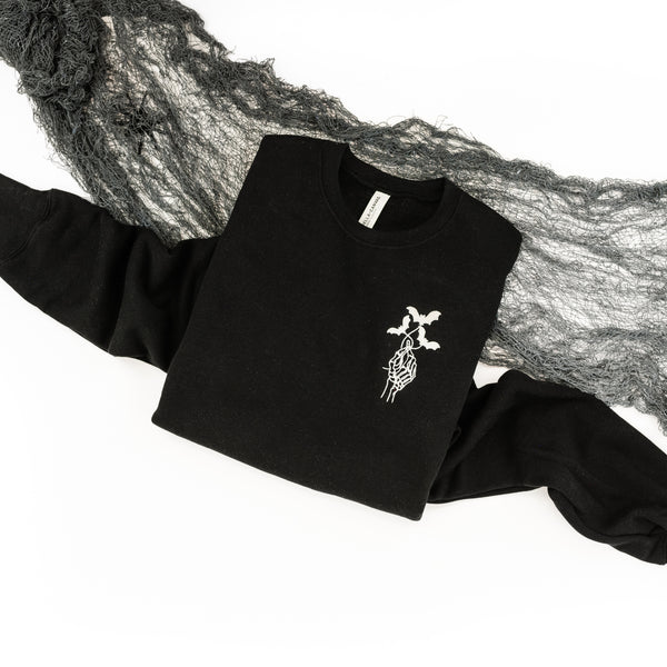 Embroidered Super Soft Fleece Crewneck - Skelly Hand Bat Bouquet