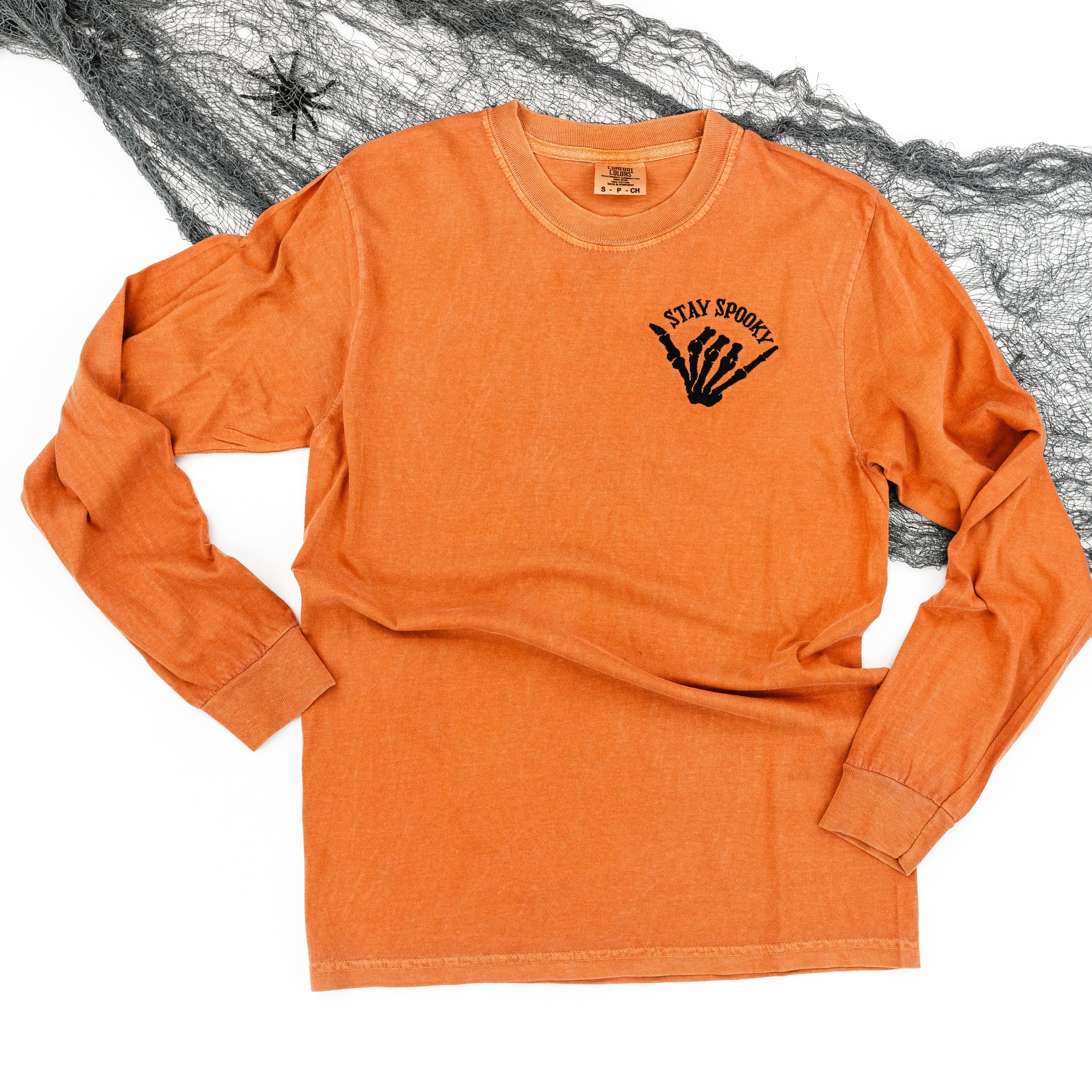 Embroidered Long Sleeve Comfort Colors Tee - Stay Spooky Skelly Hand Little Mama Shirt Shop LLC