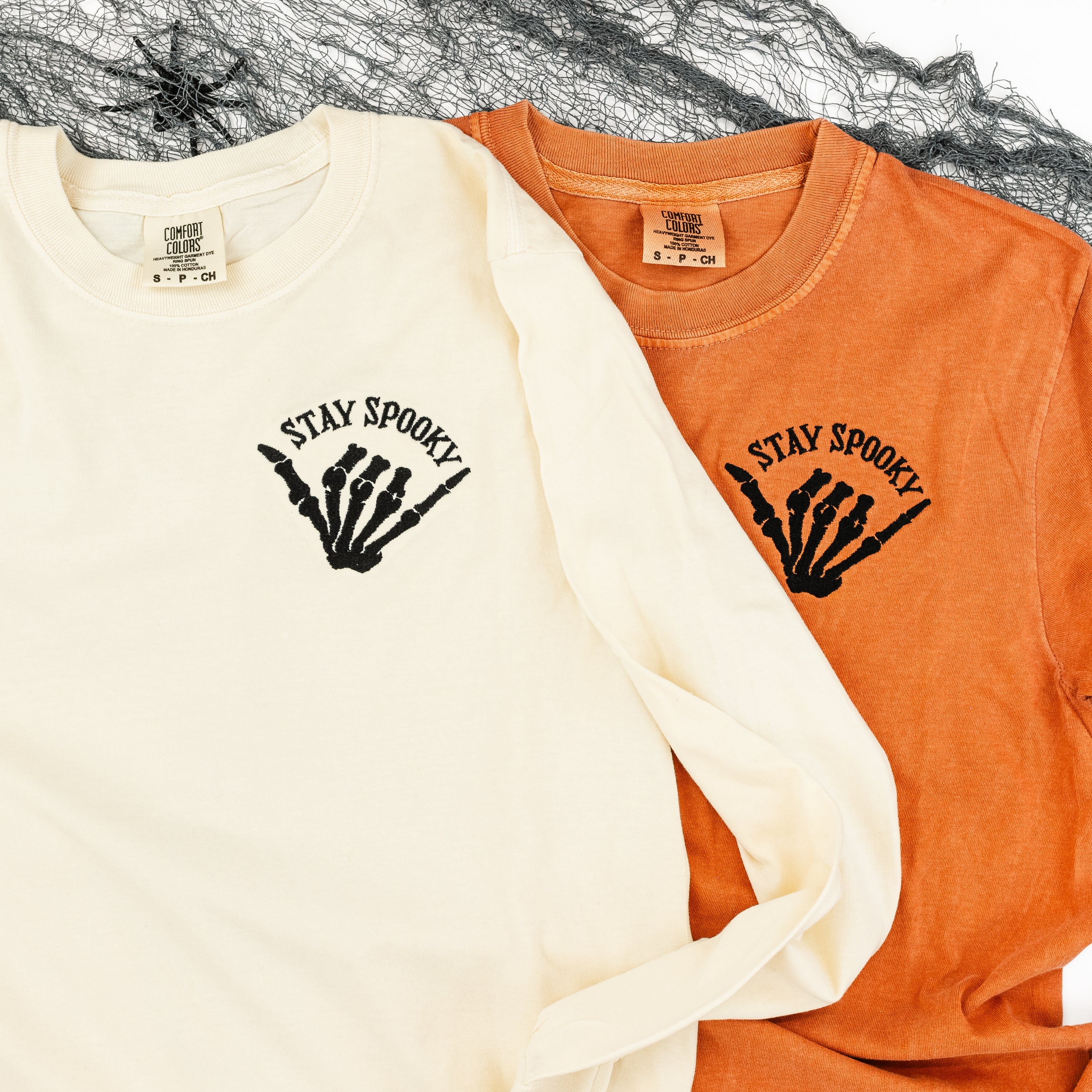 Embroidered Long Sleeve Comfort Colors Tee - Stay Spooky Skelly Hand Little Mama Shirt Shop LLC