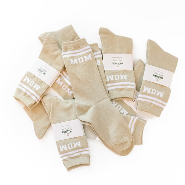 LMSS® VARSITY MOM CREW SOCKS - Tan w/ White Block Font