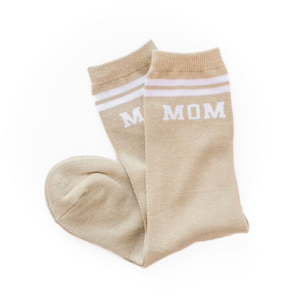 LMSS® VARSITY MOM CREW SOCKS - Tan w/ White Block Font