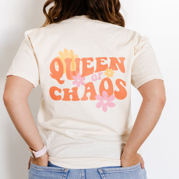 THE RETRO EDIT - Queen of Chaos on Back w/ Mama Pocket on Front - SHORT SLEEVE COMFORT COLORS TEE