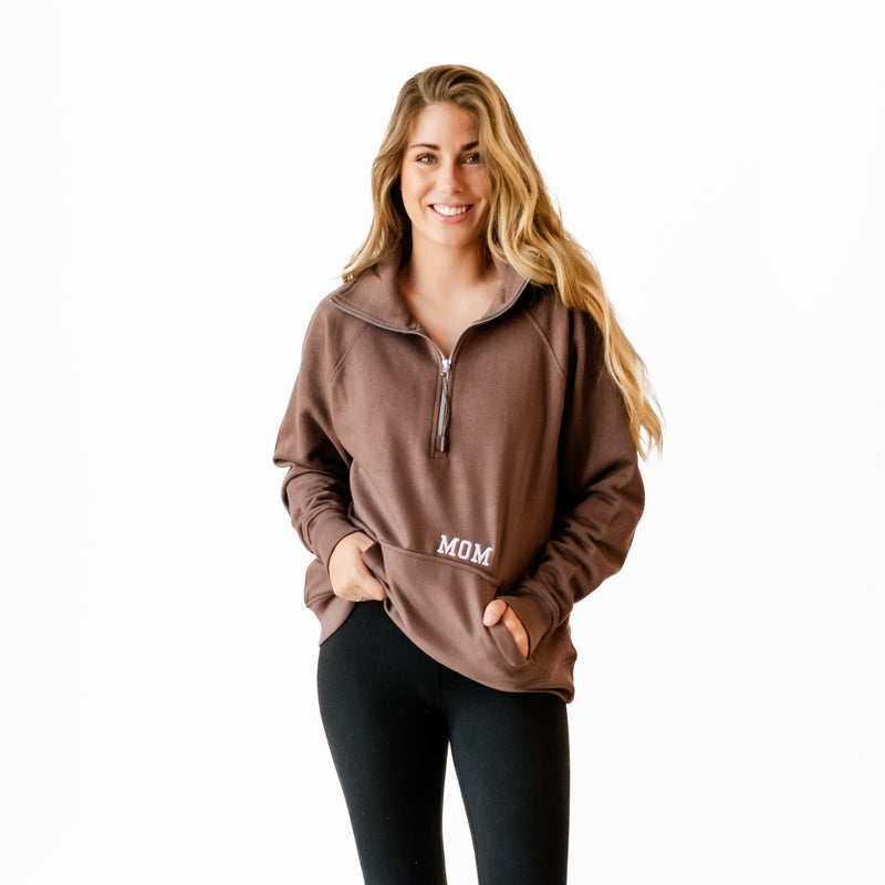 Chocolate Brown Quarter Zip Fleece - embroidered MOM w/ EST. YEAR