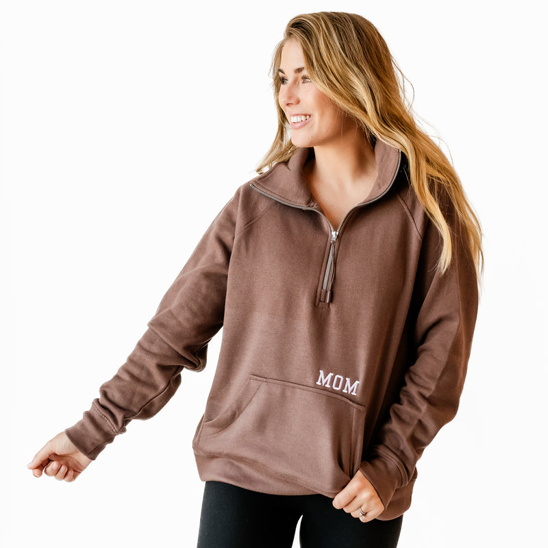 Chocolate Brown Quarter Zip Fleece - embroidered MOM w/ EST. YEAR