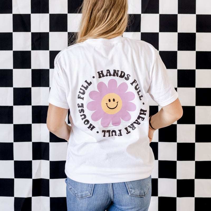 THE RETRO EDIT - Mom Life Smiley Flower Pocket on Front w/ House Full Hands Full Heart Full on Back - SHORT SLEEVE COMFORT COLORS TEE