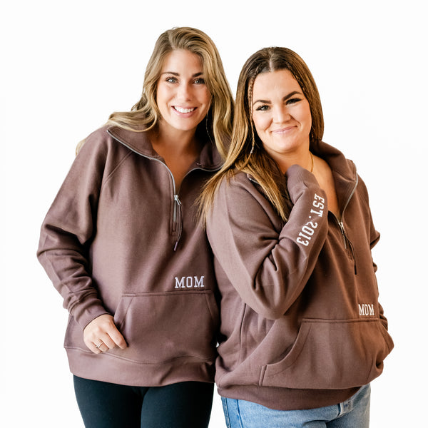 Chocolate Brown Quarter Zip Fleece - embroidered MOM w/ EST. YEAR