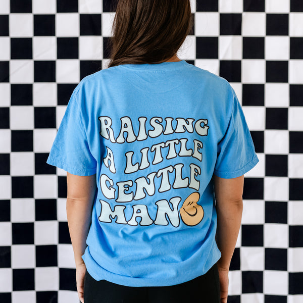 THE RETRO EDIT - Mama Smiley Pocket on Front w/ Raising a Little Gentleman (Singular) on Back - SHORT SLEEVE COMFORT COLORS TEE