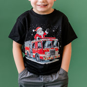 Firetruck Santa - Child Black Tee Little Mama Shirt Shop