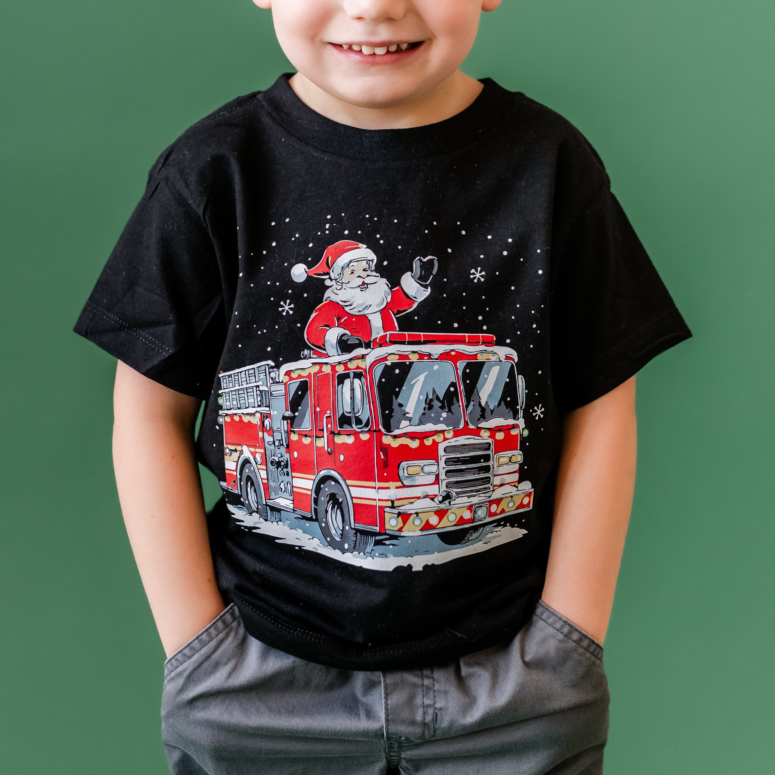 Firetruck Santa - Child Black Tee Little Mama Shirt Shop