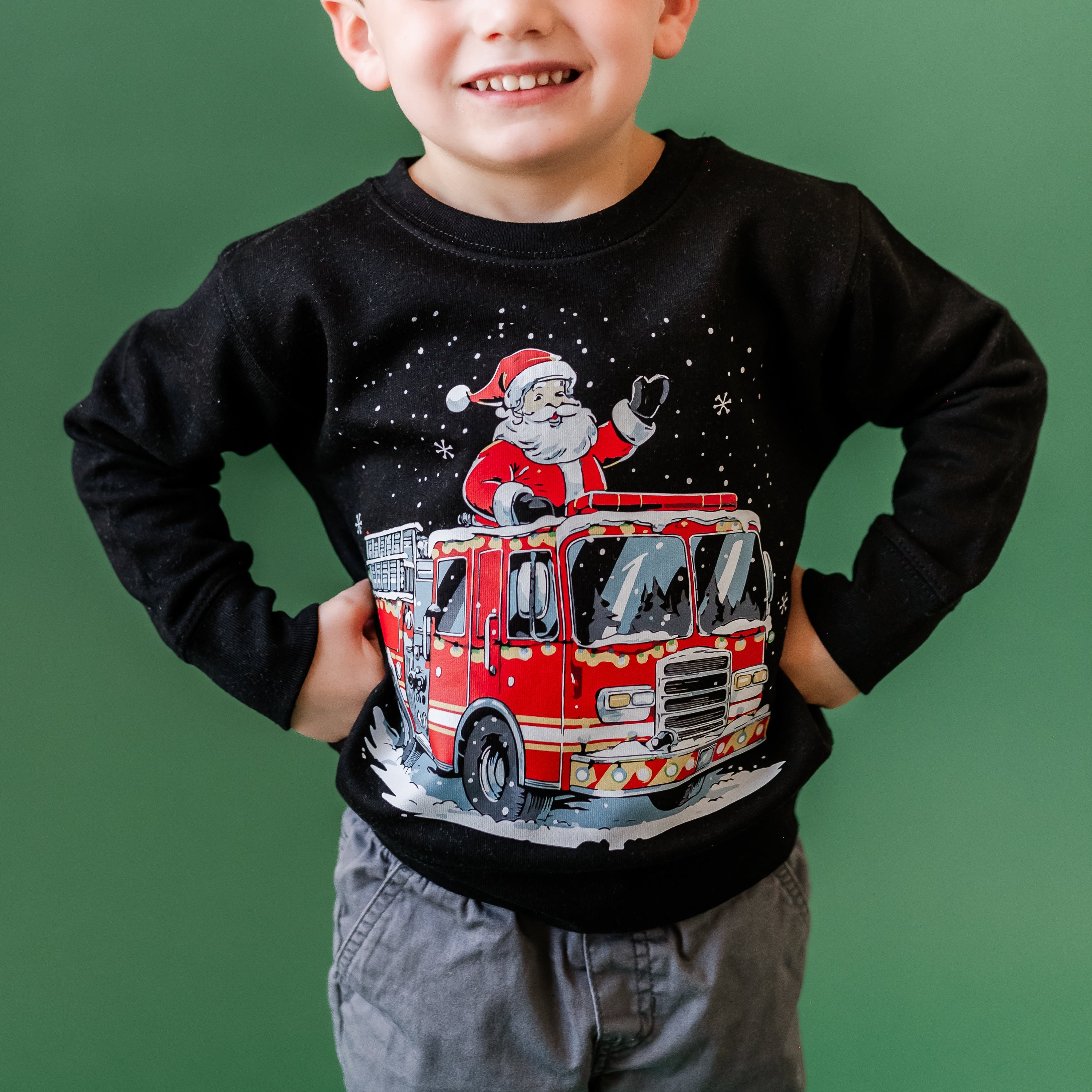 Firetruck Santa - Child Black Sweater Little Mama Shirt Shop