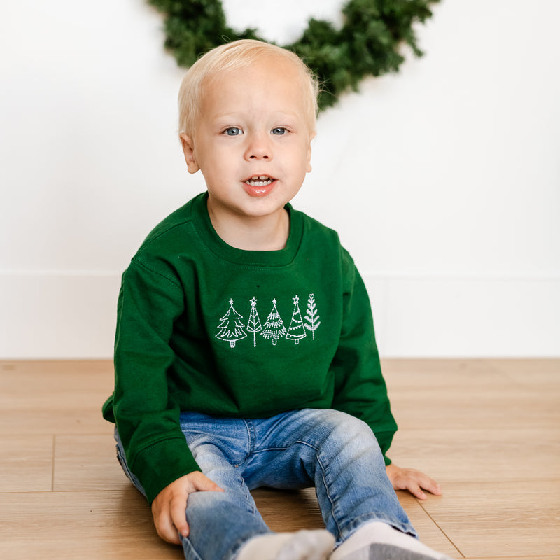 Embroidered Outline Christmas Trees - Child Sweater - White Thread