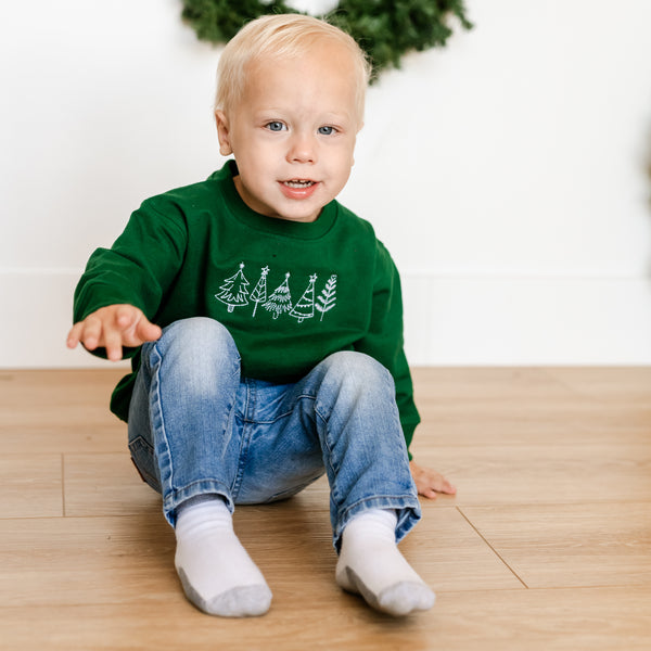 Embroidered Outline Christmas Trees - Child Sweater - White Thread