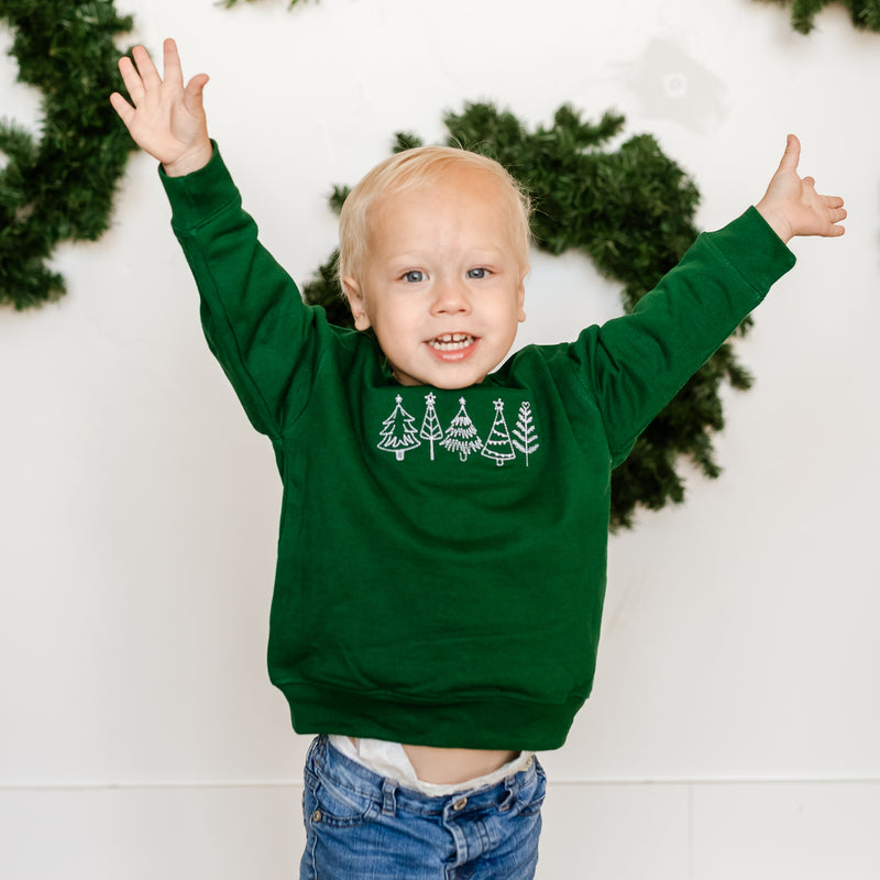 Embroidered Outline Christmas Trees - Child Sweater - White Thread